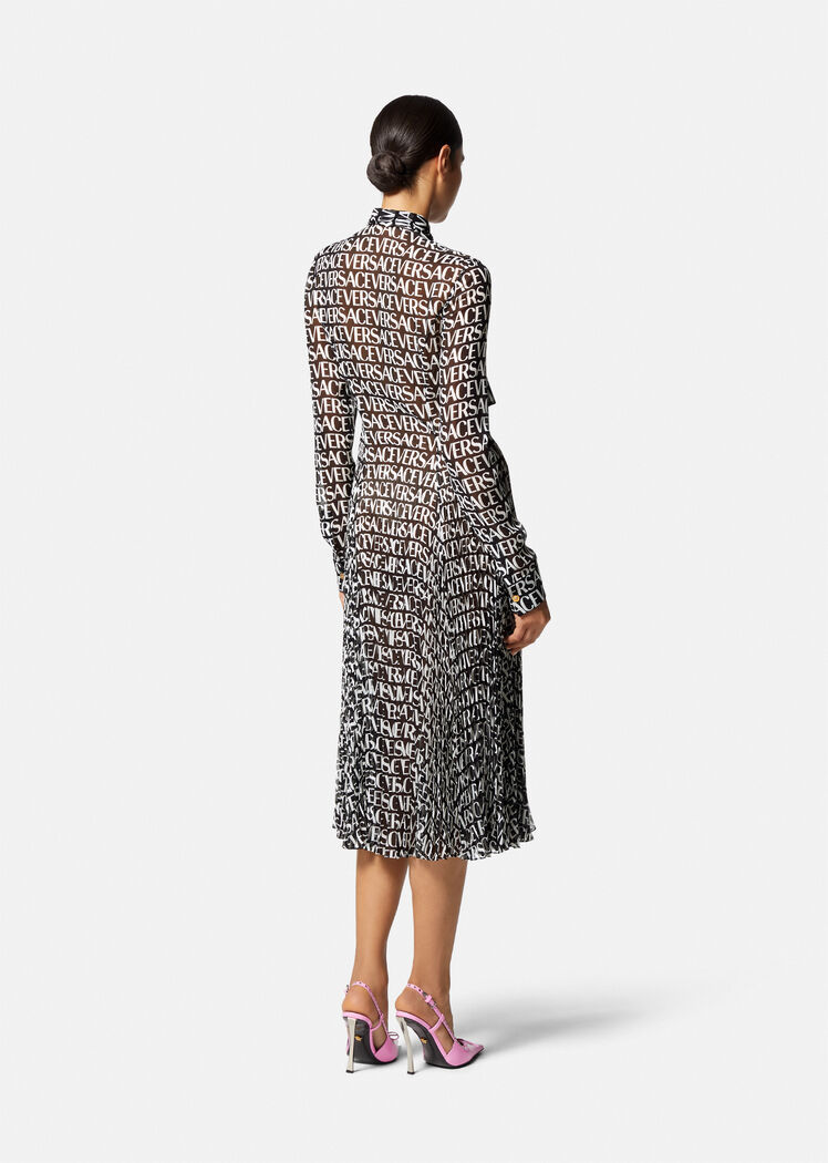 Versace Logo-print Silk-chiffon Midi Dress In Gray