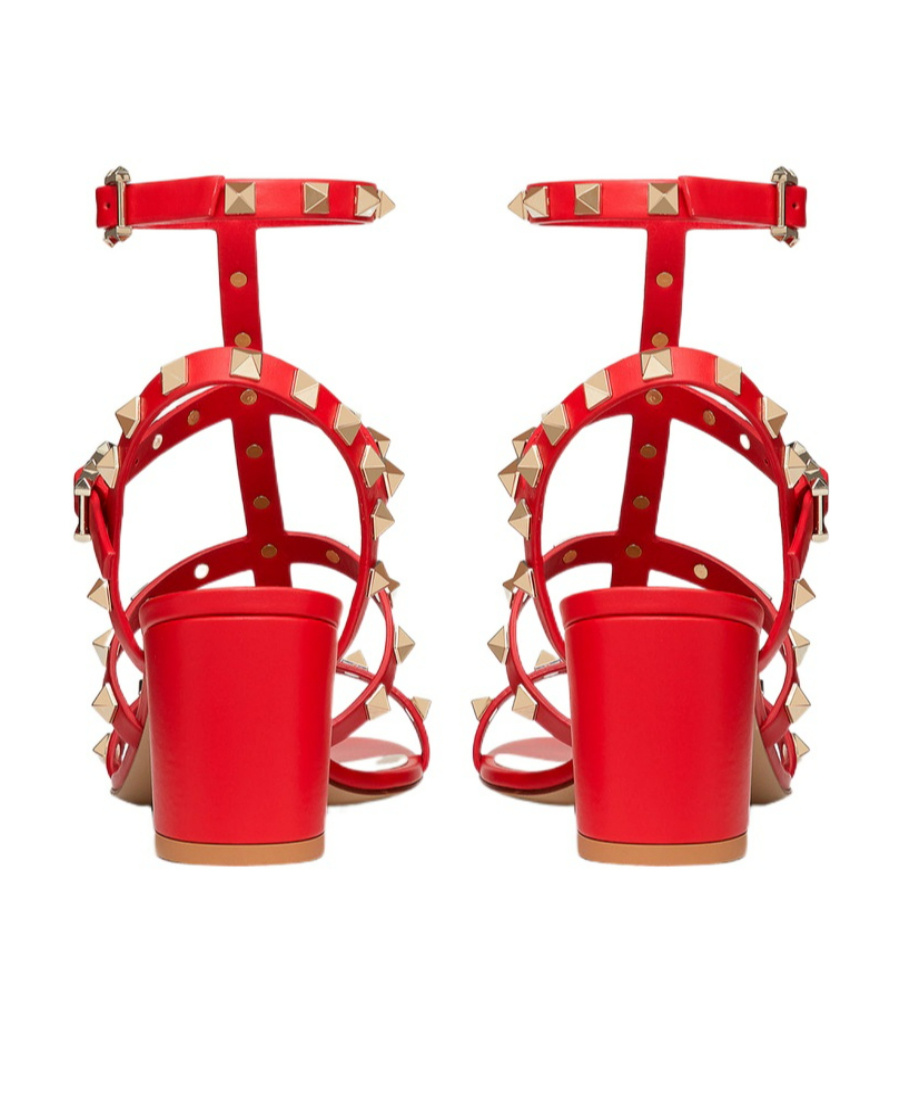 Valentino Garavani Red Leather Rockstud Sandal With Pyramid Studs And Block Heel In Red