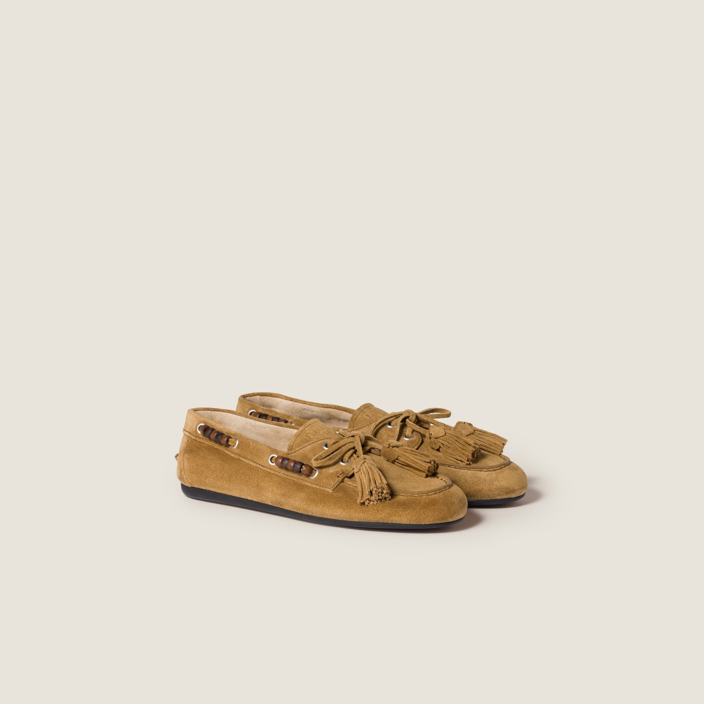 Miu Miu Suede Tassel Moccasin Loafers In Green