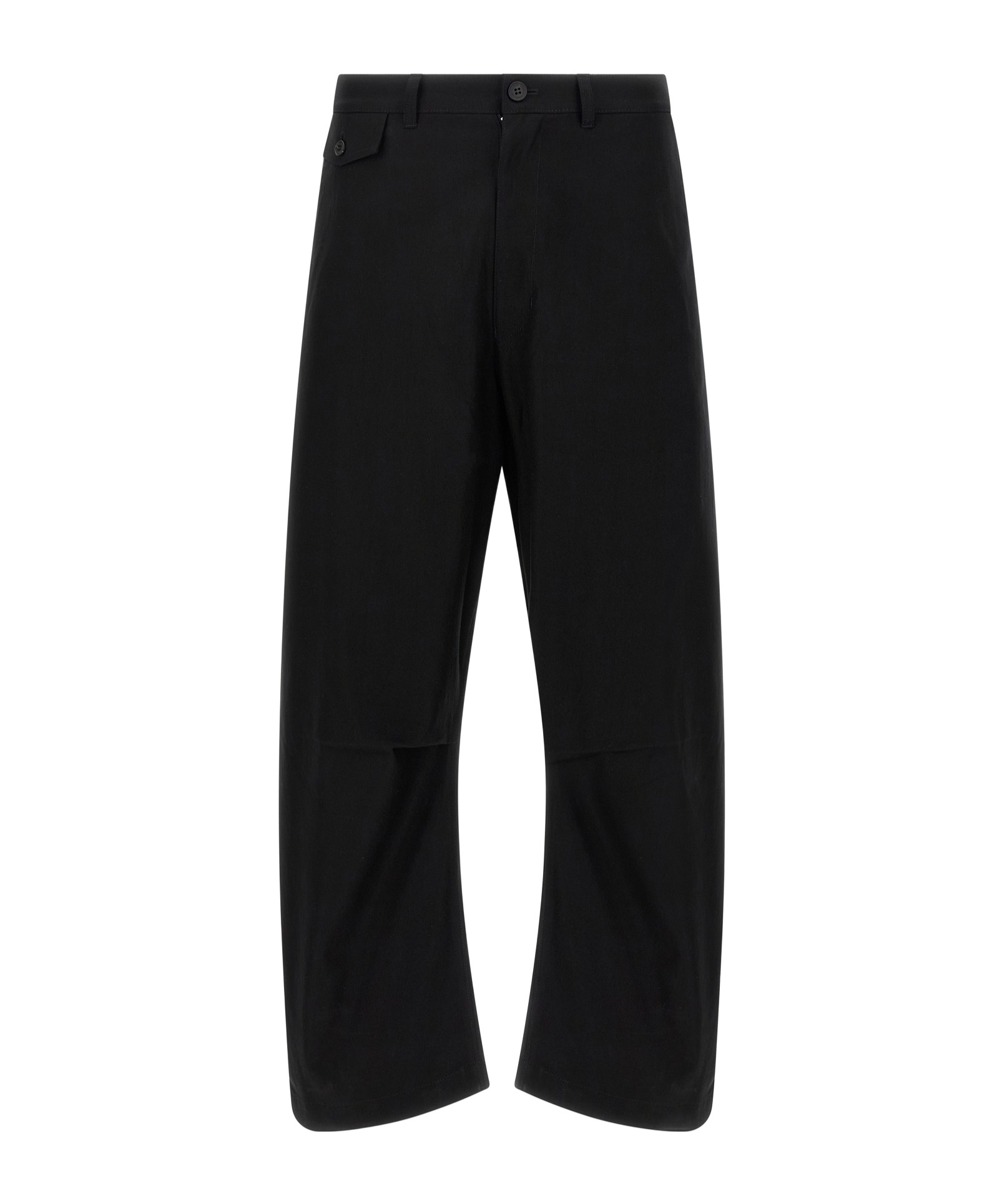 Comme Des Garçons Curved Leg Trousers With Knee Pincer Detail And Adjustable Back Strap In Black