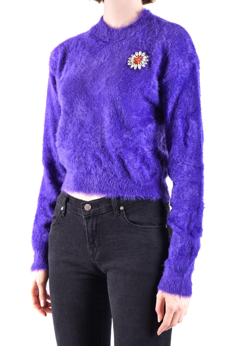 Moschino Floral-appliqué Crewneck Brushed Jumper In Purple