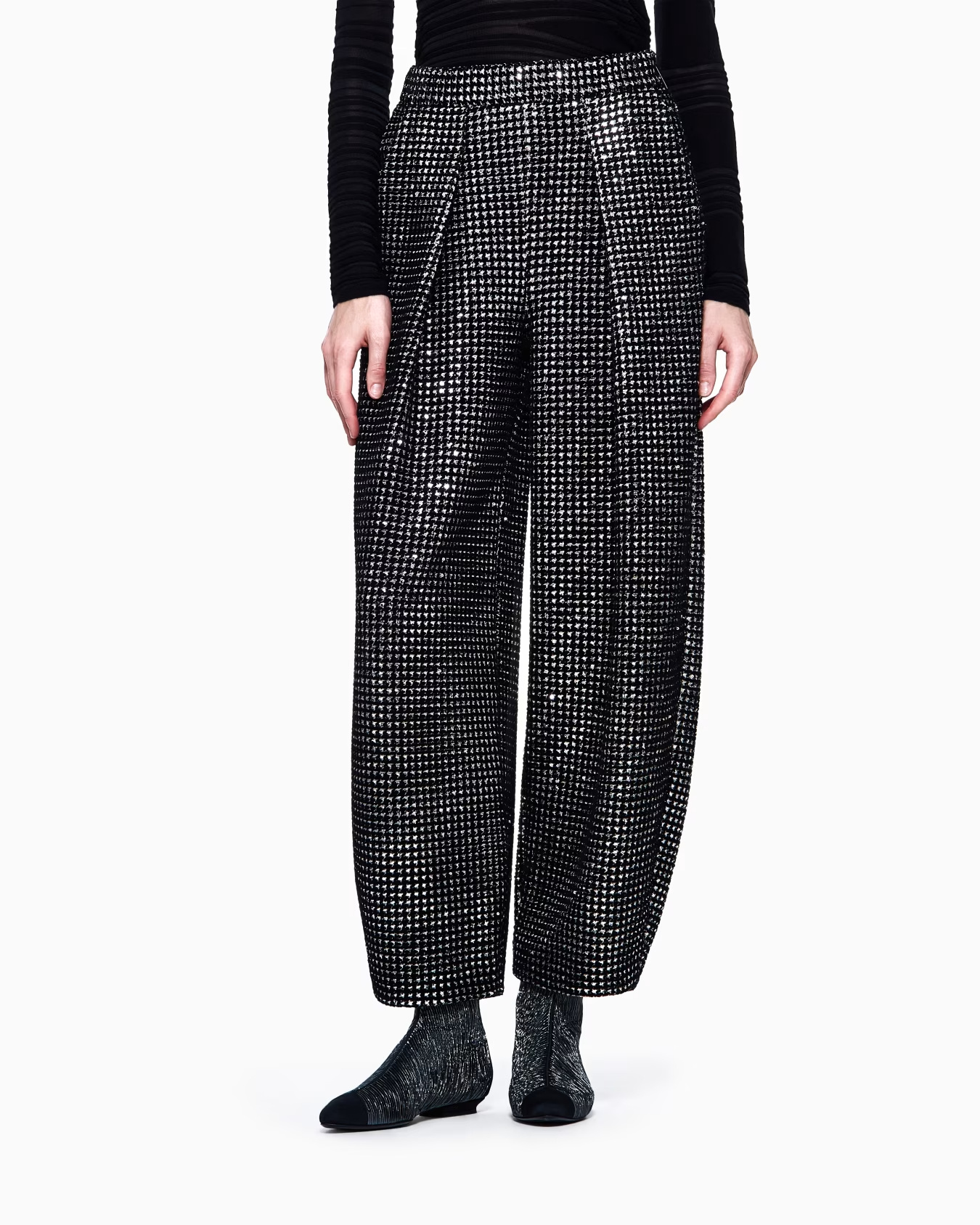 Giorgio Armani Single-pleat Jersey Trousers With A Flocked Print And Sequins In Black