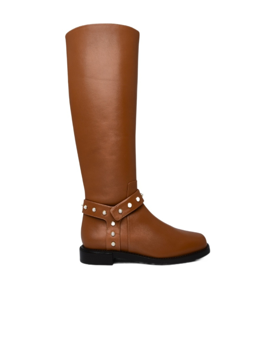 Stuart Weitzman Leather Pearl Moto Boots In Brown