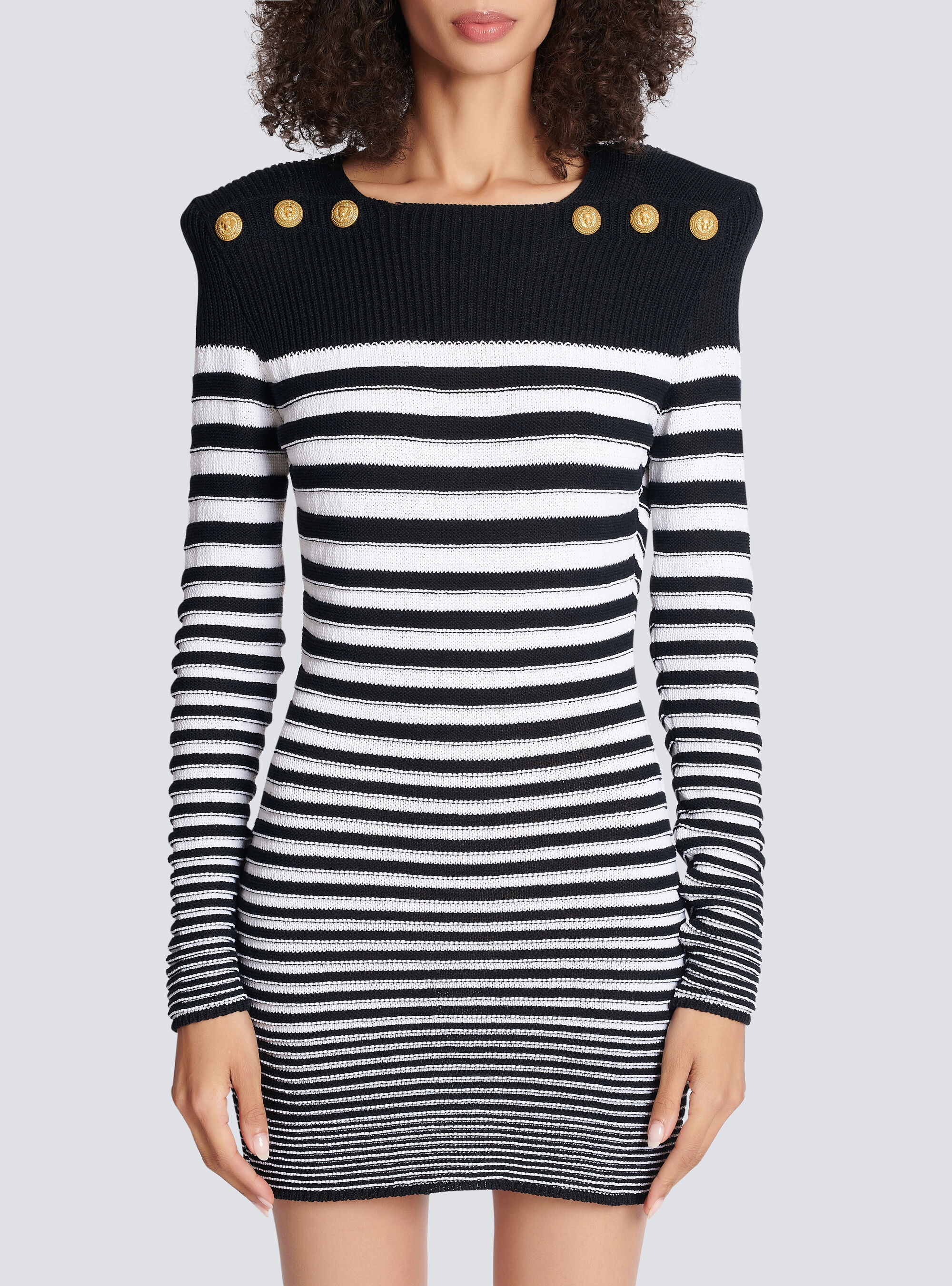 Balmain Button-embellished Striped Ribbed Cotton-blend Mini Dress In Black