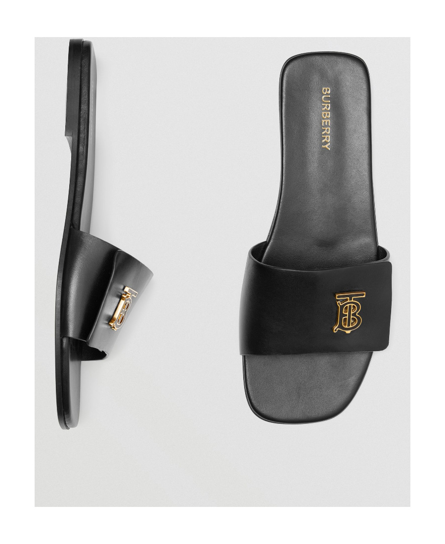 Burberry Monogram Plaque Leather Sandals In Black