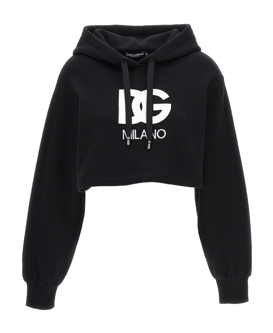 Dolce & Gabbana Cropped Jersey Hoodie With Embroidered Dg Patch In Black