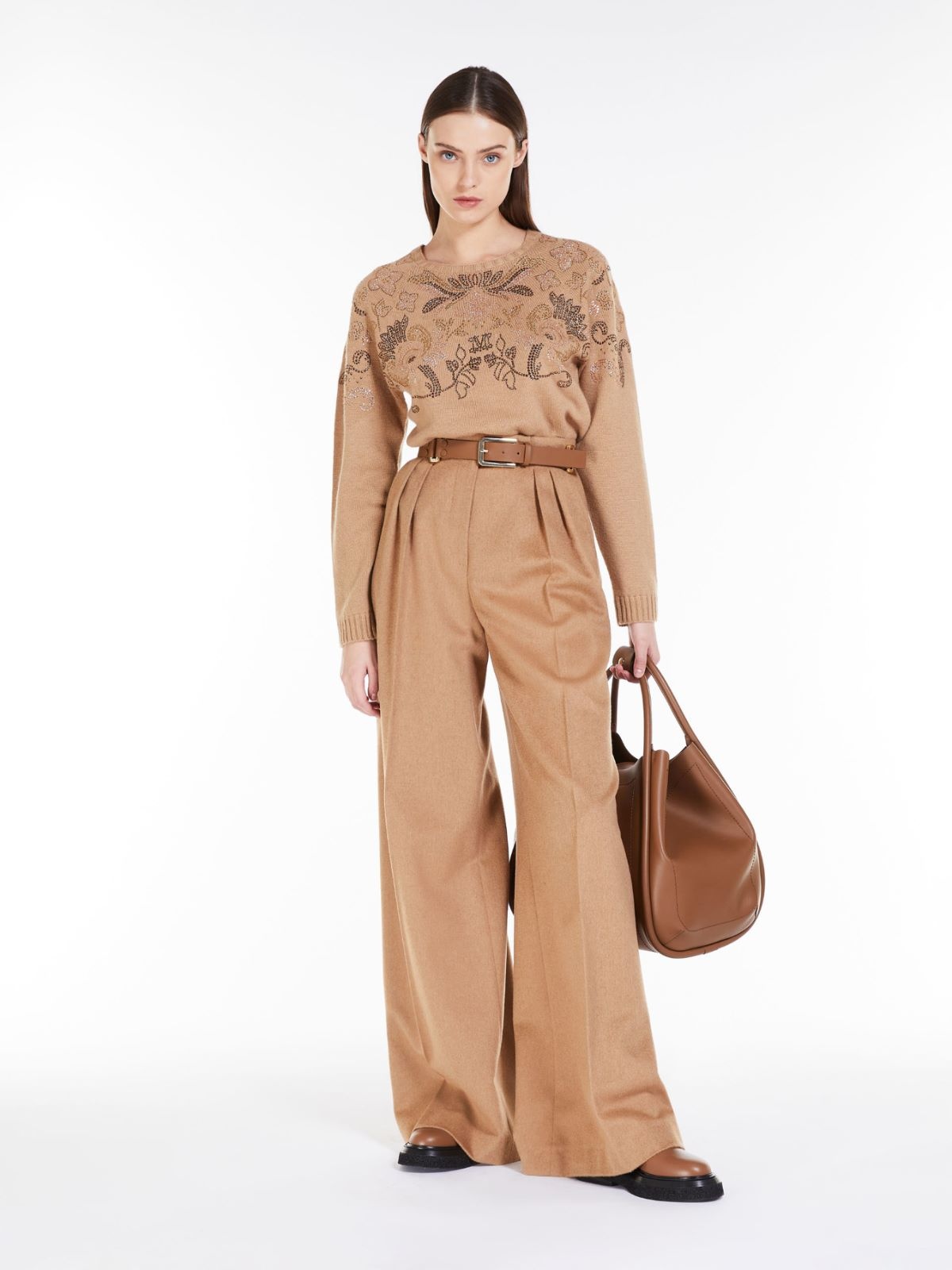 Max Mara Water Drill Decorated Wool And Cashmere Sweaters In Brown