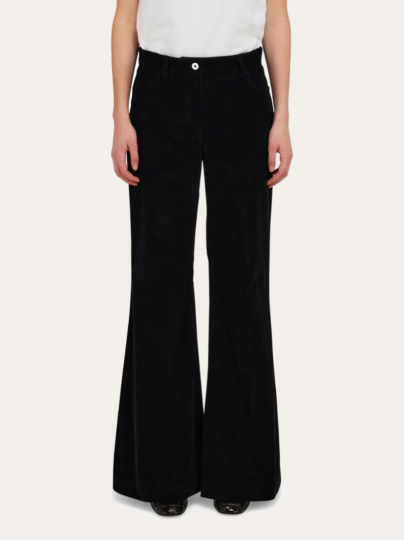 Ferragamo Striped Flared Velvet Trousers In Black