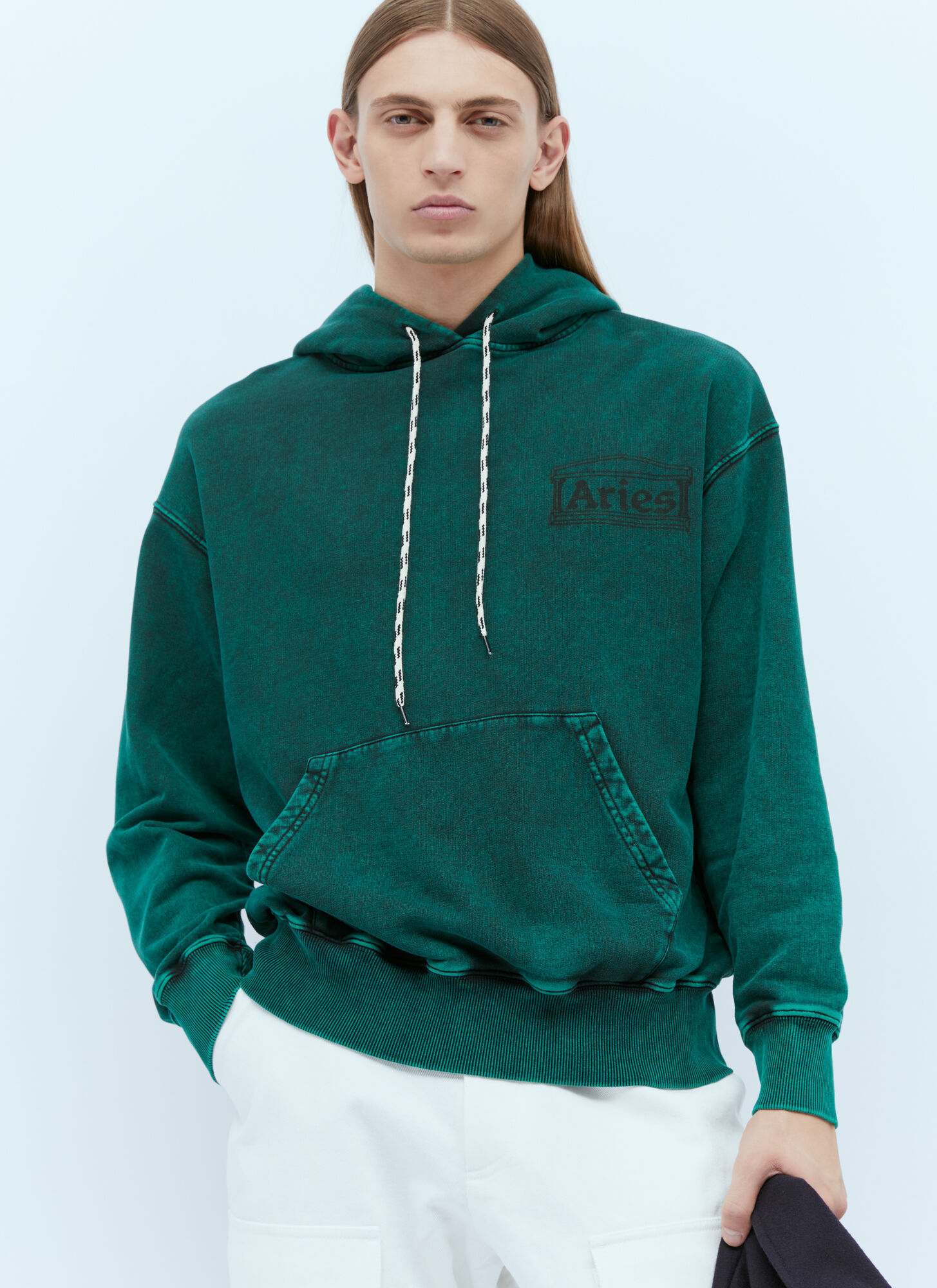 Aries Logo-print Distressed-finish Cotton Hoodie In Green