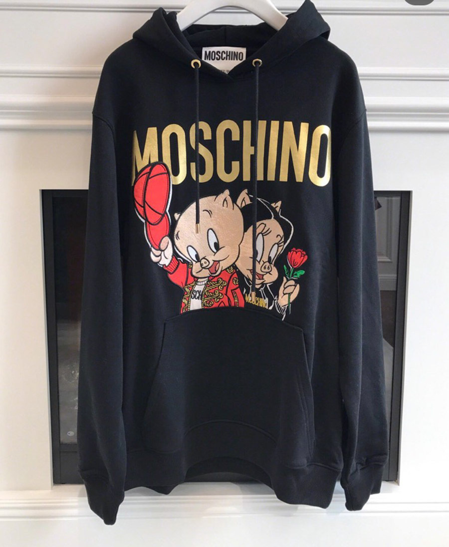 Moschino Black Piggy Oversize Hooded Sweater In Black