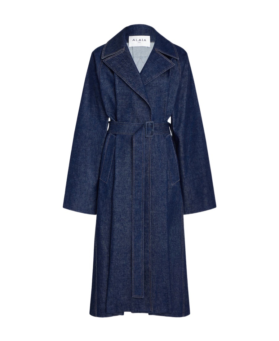 Alaïa Denim Trench Coat With Belt In Blue