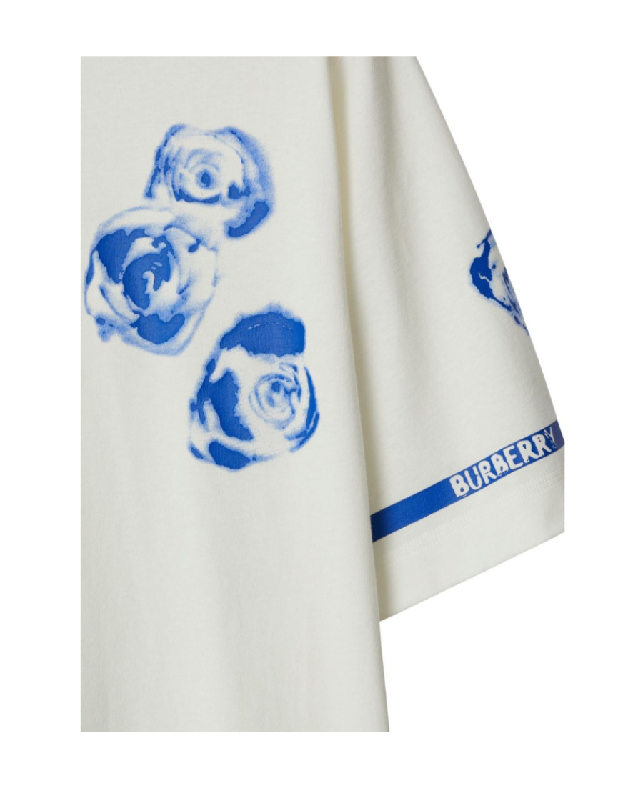 Burberry Rose-print Logo-stripe Short-sleeve T-shirt In White