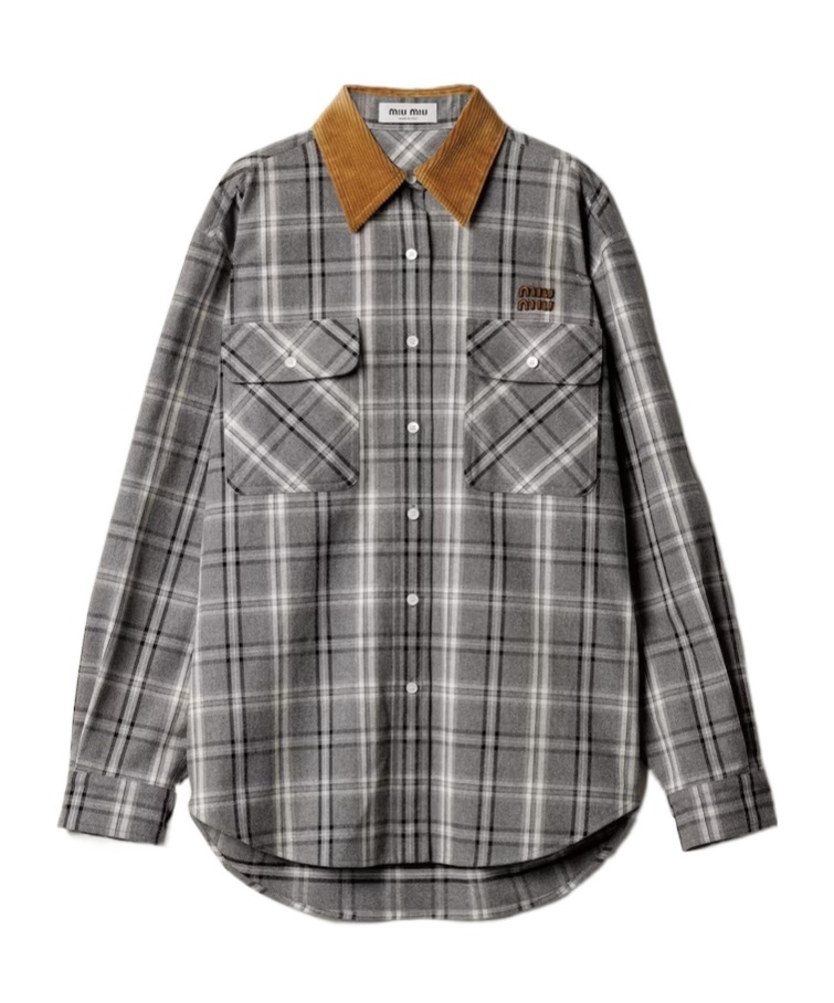 Miu Miu Long Sleeve Plaid Shirt With Chest Pockets In Gray