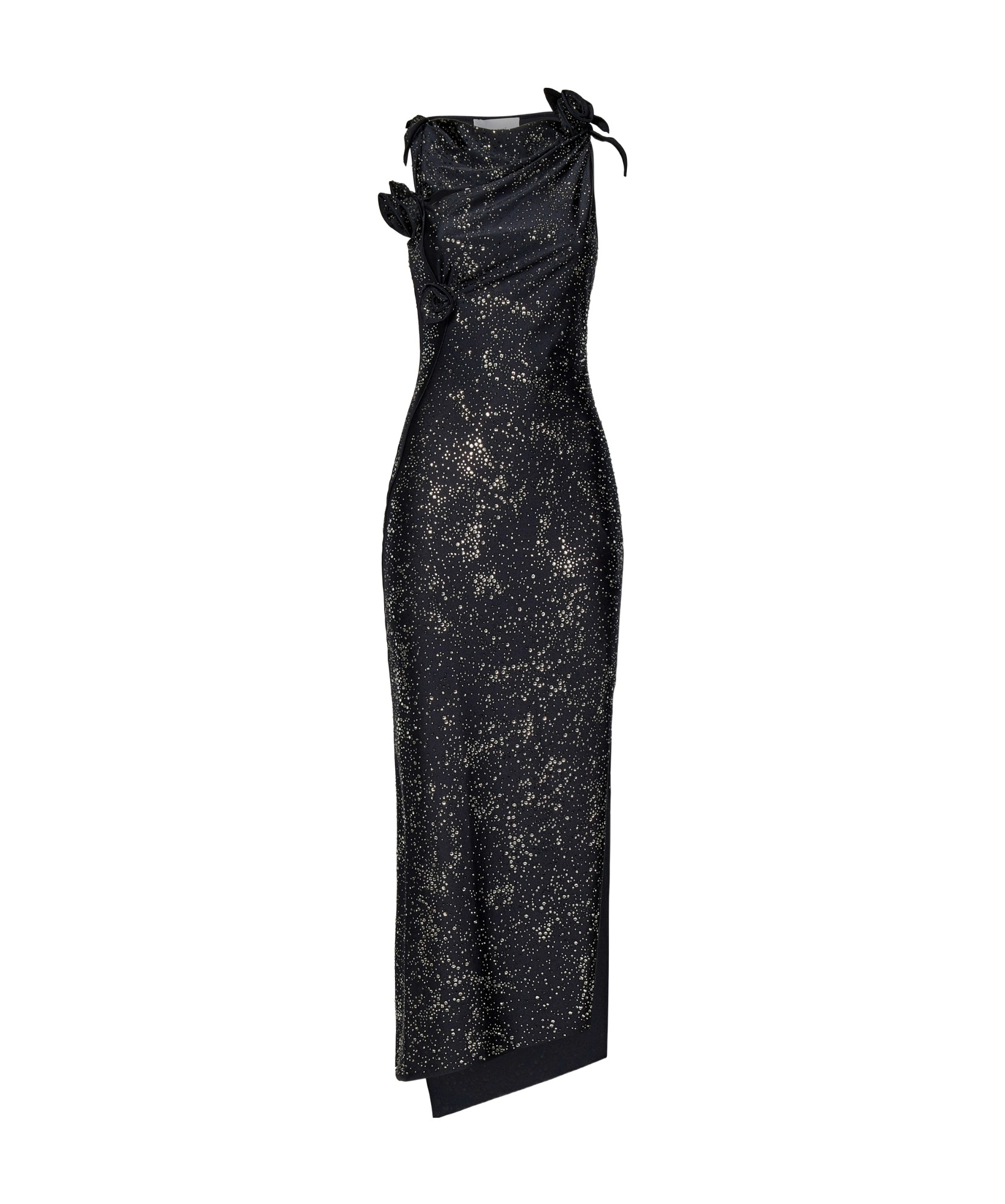 Coperni Black Crystal-embellished Asymmetric Flower Maxi Dress