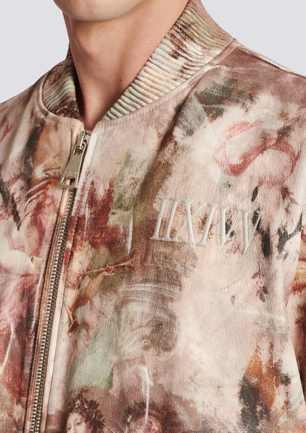 Balmain Painting-print Leather Bomber Jacket In Nude
