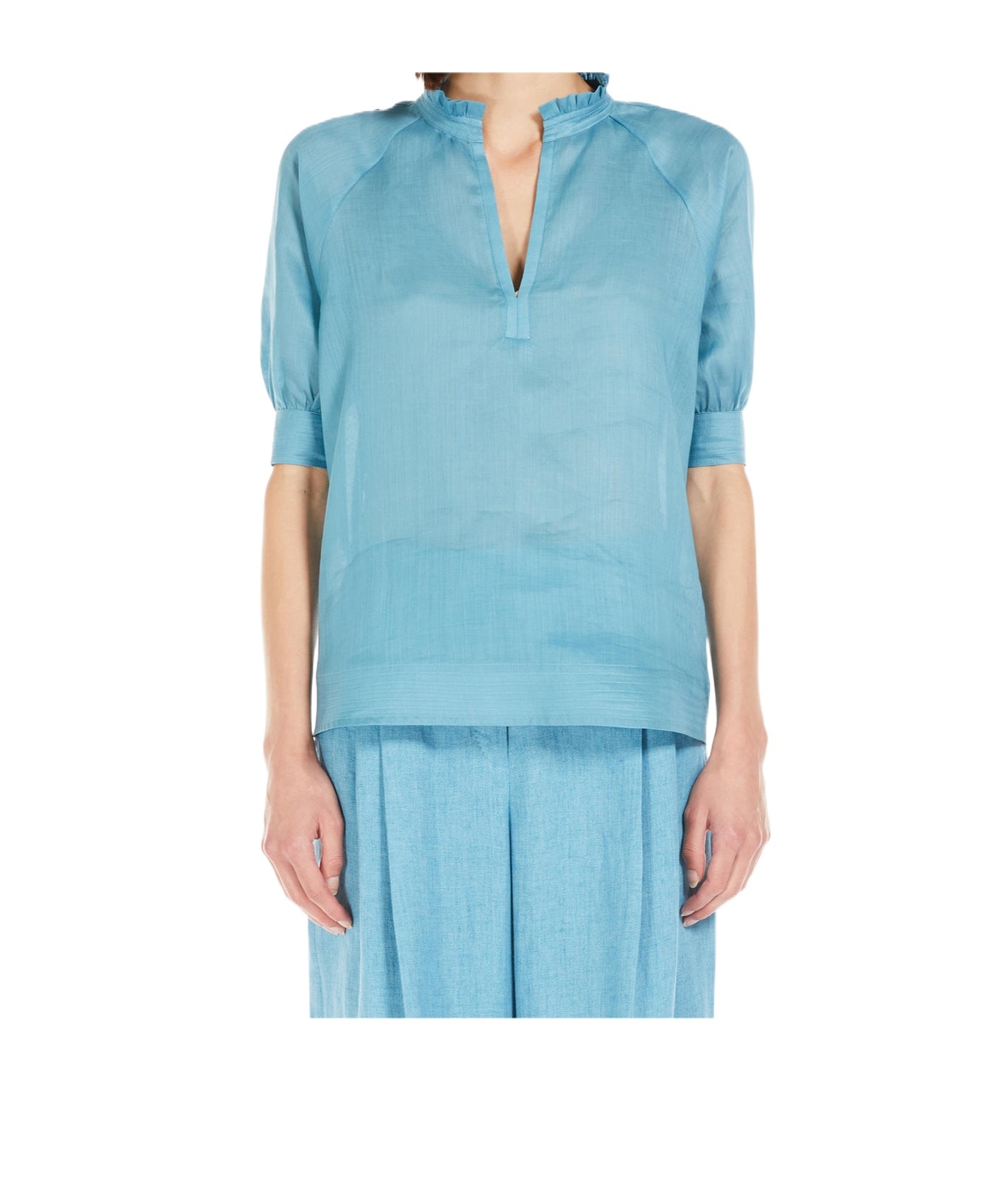 Max Mara Relaxed Fit Tunic With Delicate Ruffle Collar In Blue