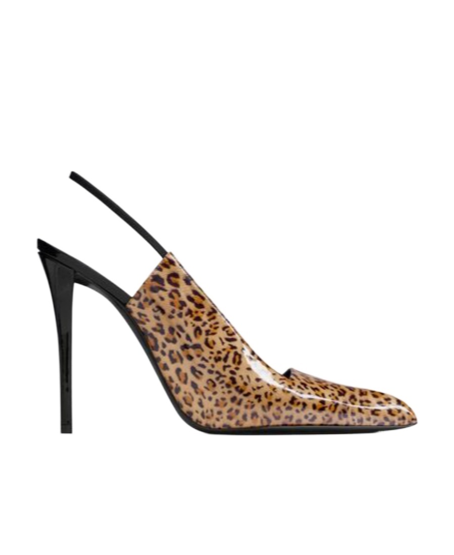 Saint Laurent Animal Patterned Patent Leather Slingbacks With Stiletto Hee In Brown