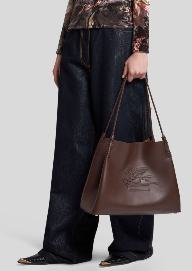 Etro Brown Leather Bag With Embroidered Logo In Multicolor