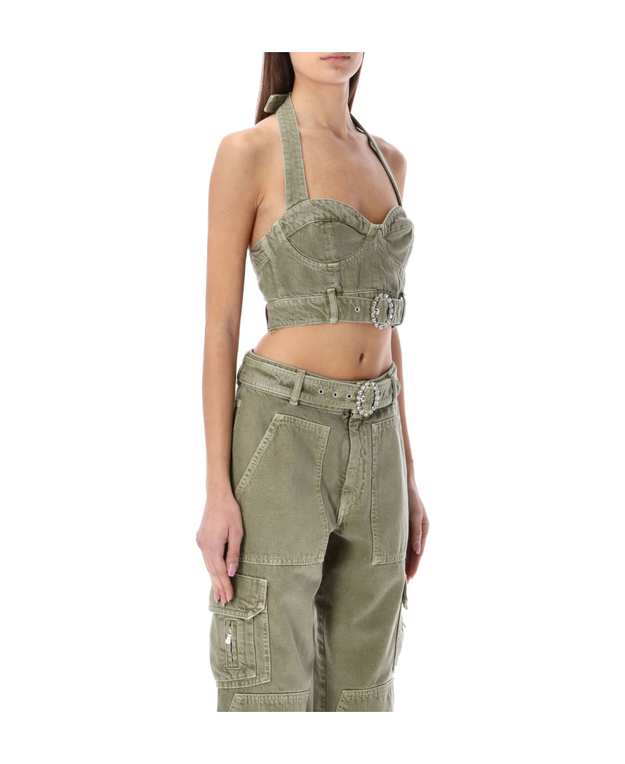 Alessandra Rich Crystal-embellished Buckle Bustier Top In Green