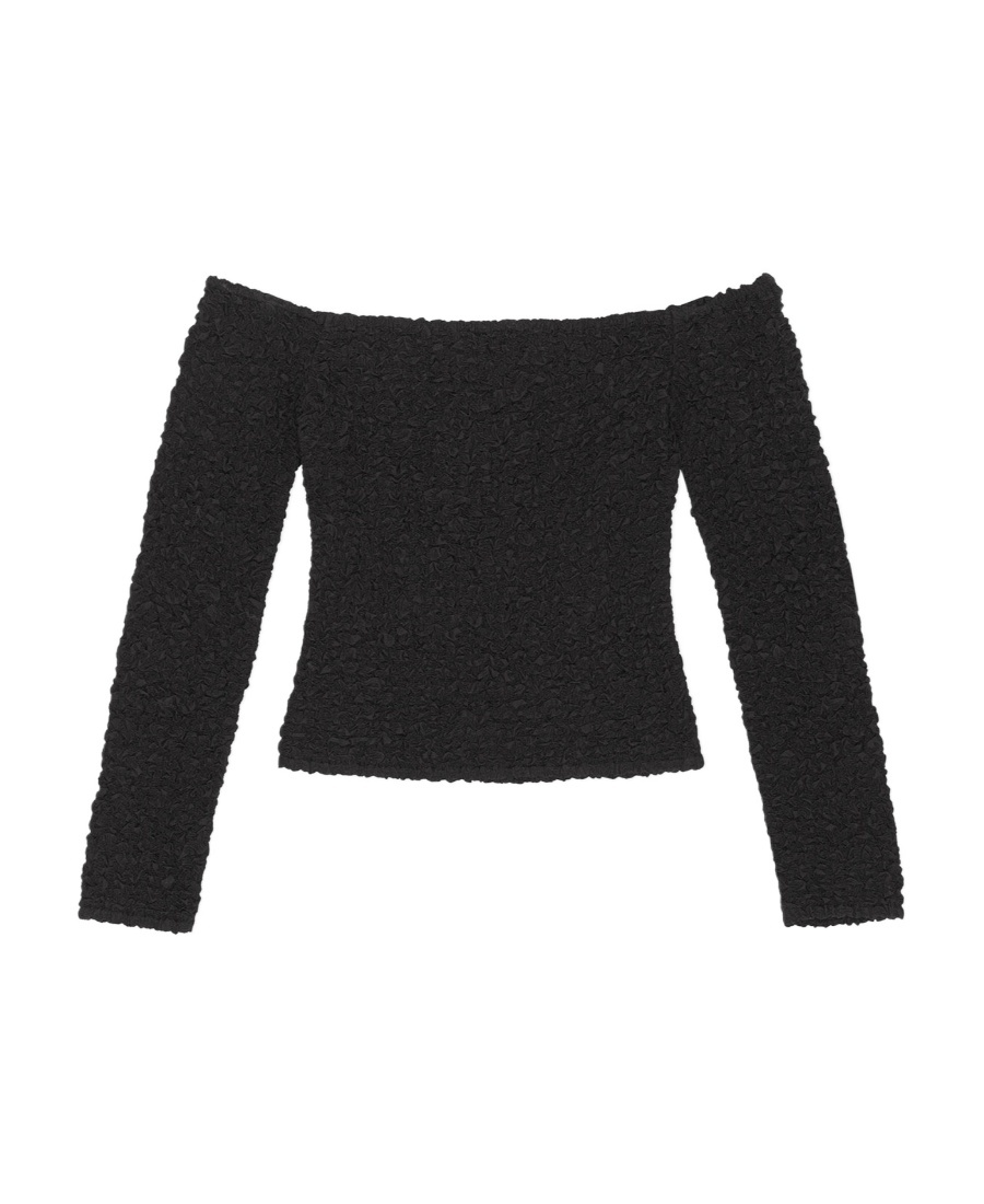 Ganni Off-shoulder Smock-effect Top In Black