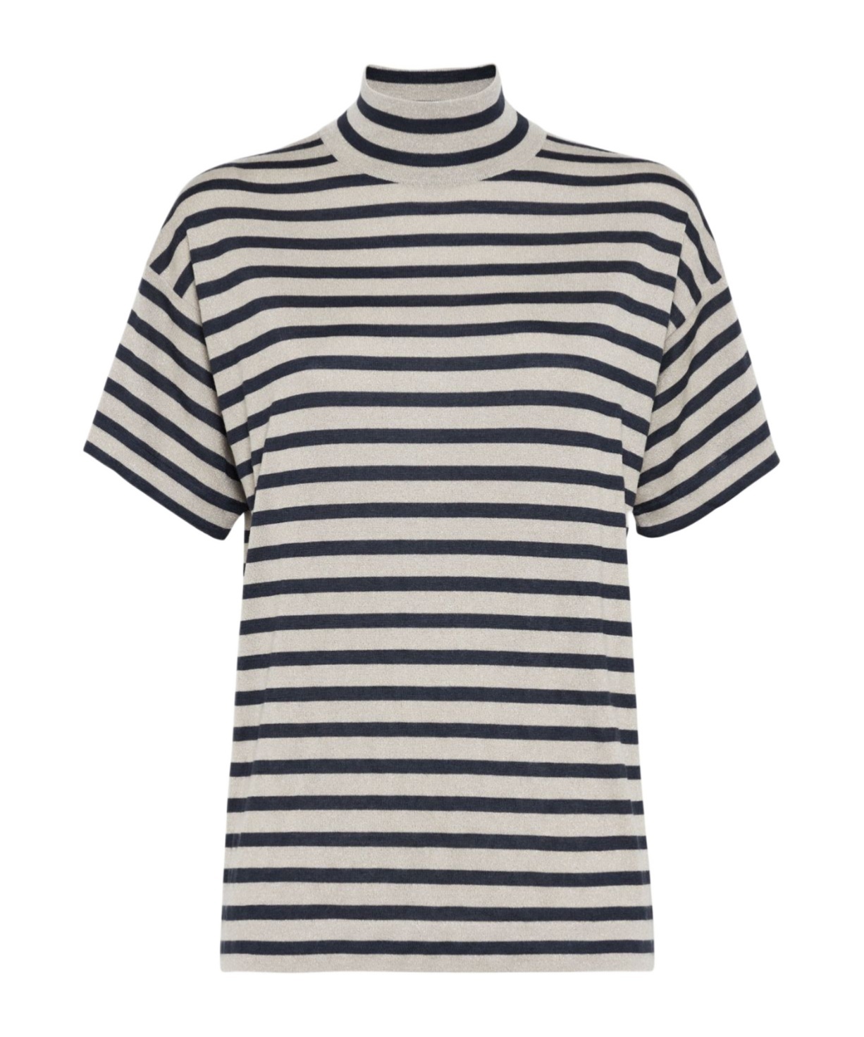 Brunello Cucinelli Sparkling Stripe Turtleneck Sweater In Cashmere And Silk In White
