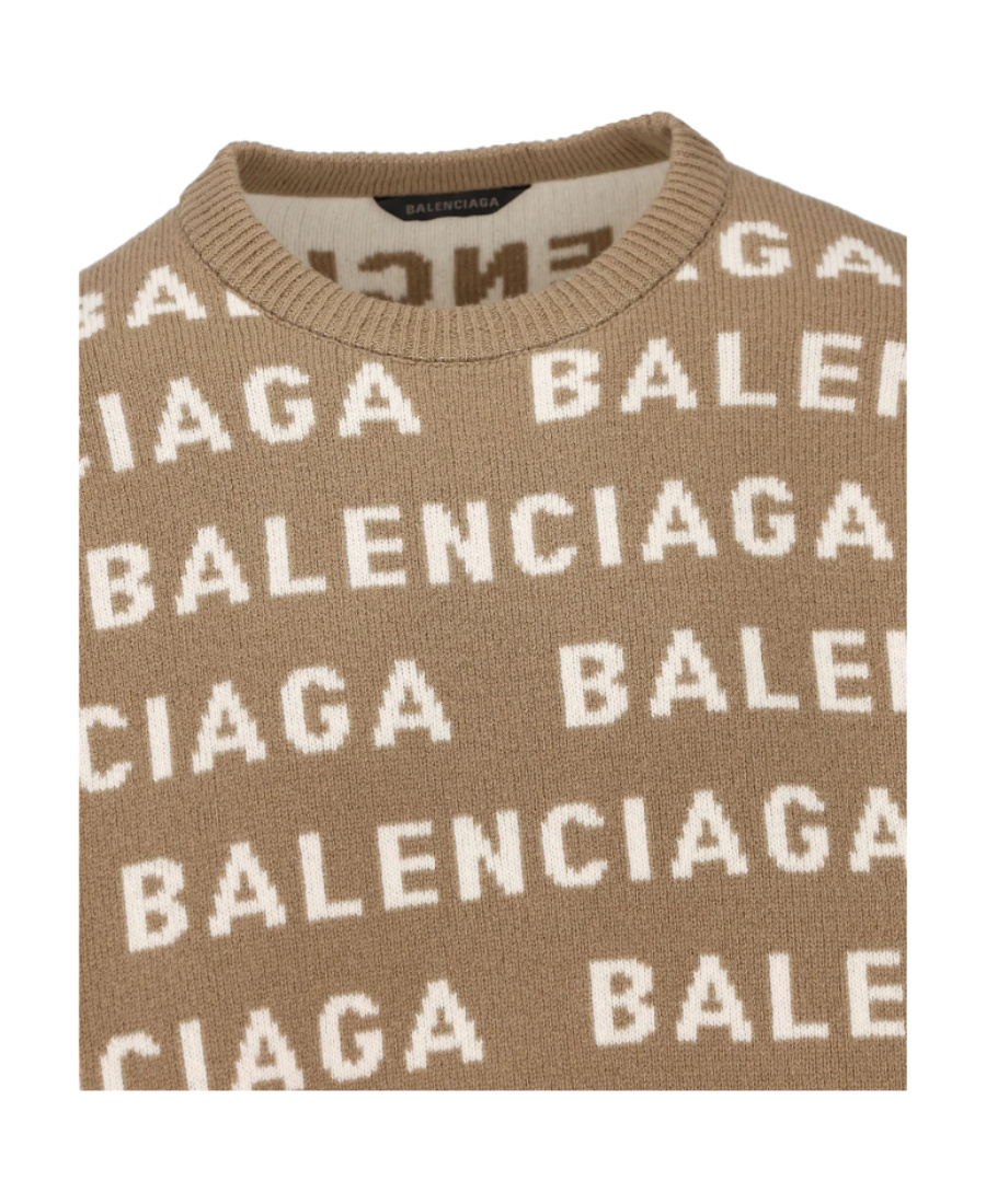 Shop Balenciaga Allover Logo Intarsia Knitted Jumper In Brown