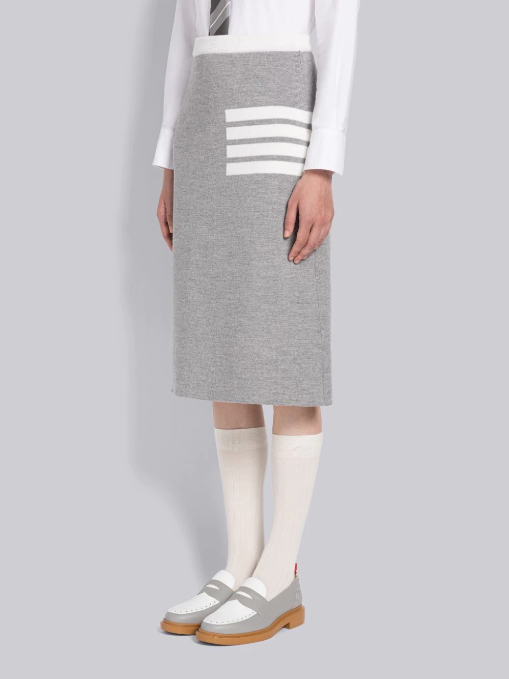 THOM BROWNE A-LINE MERINO WOOL MIDI SKIRT
