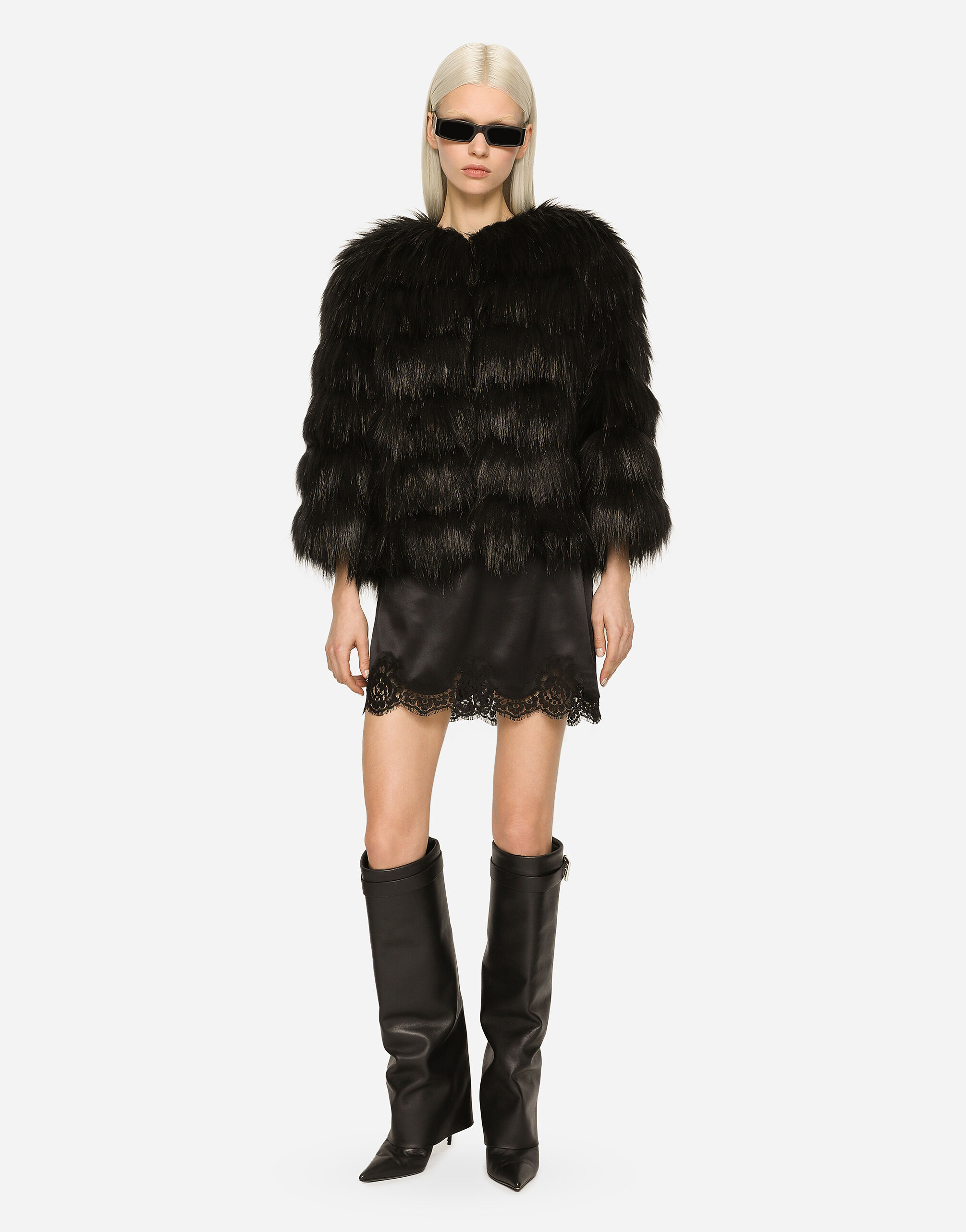Dolce & Gabbana Faux Fur Cropped Jacket Long Sleeves In Black