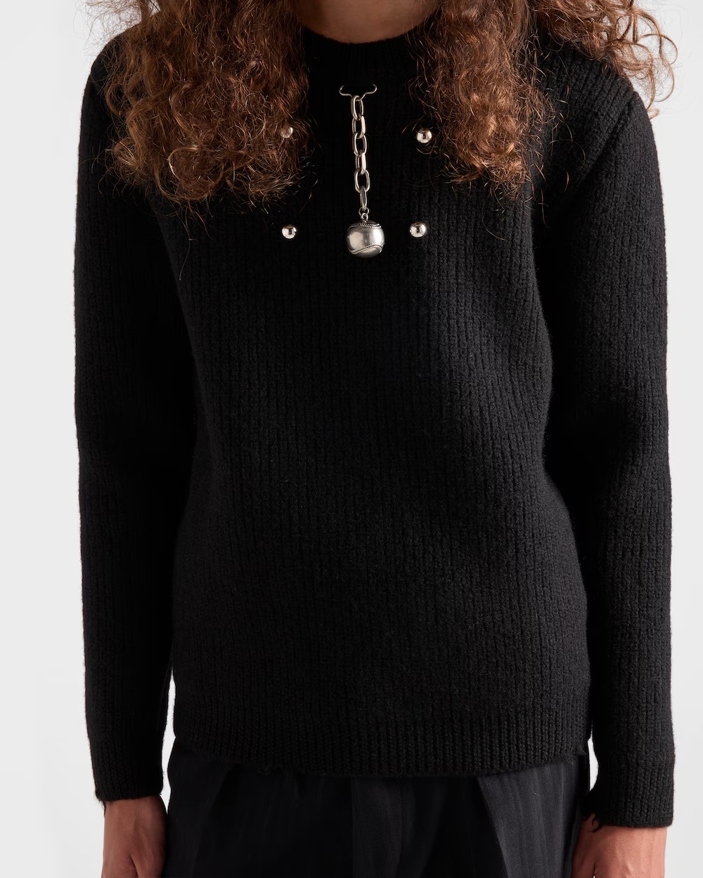 Prada Wool Crew-neck Sweater With Pendant In Black