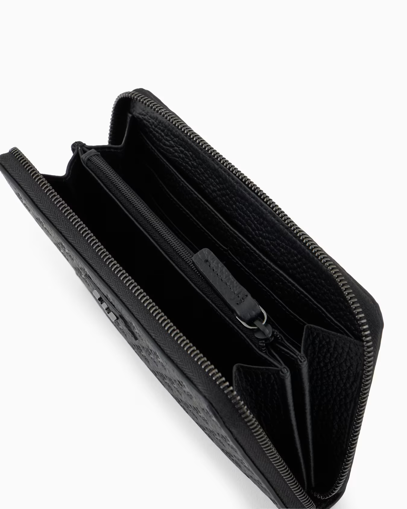 Emporio Armani Zip-around Leather Wallet With All-over Embossed Eagle In Black