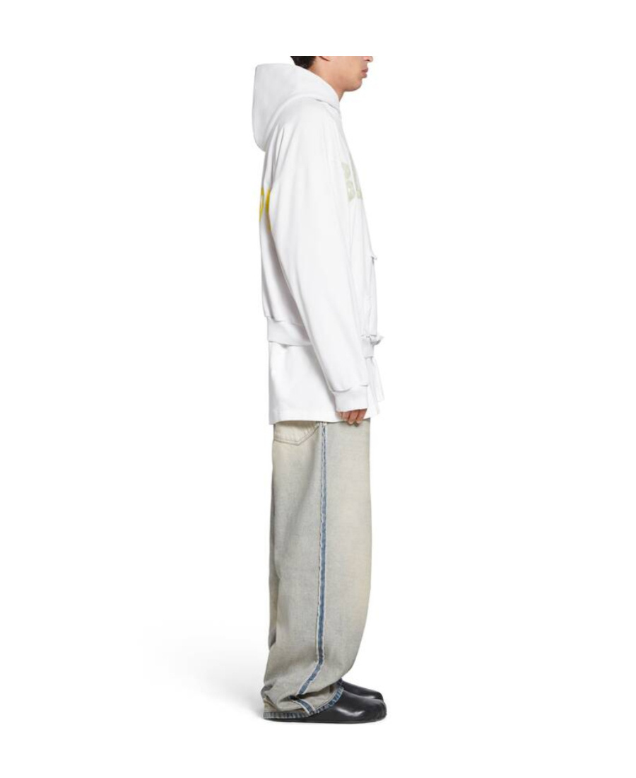 Balenciaga Men's Tape Type Cotton Hoodie In White