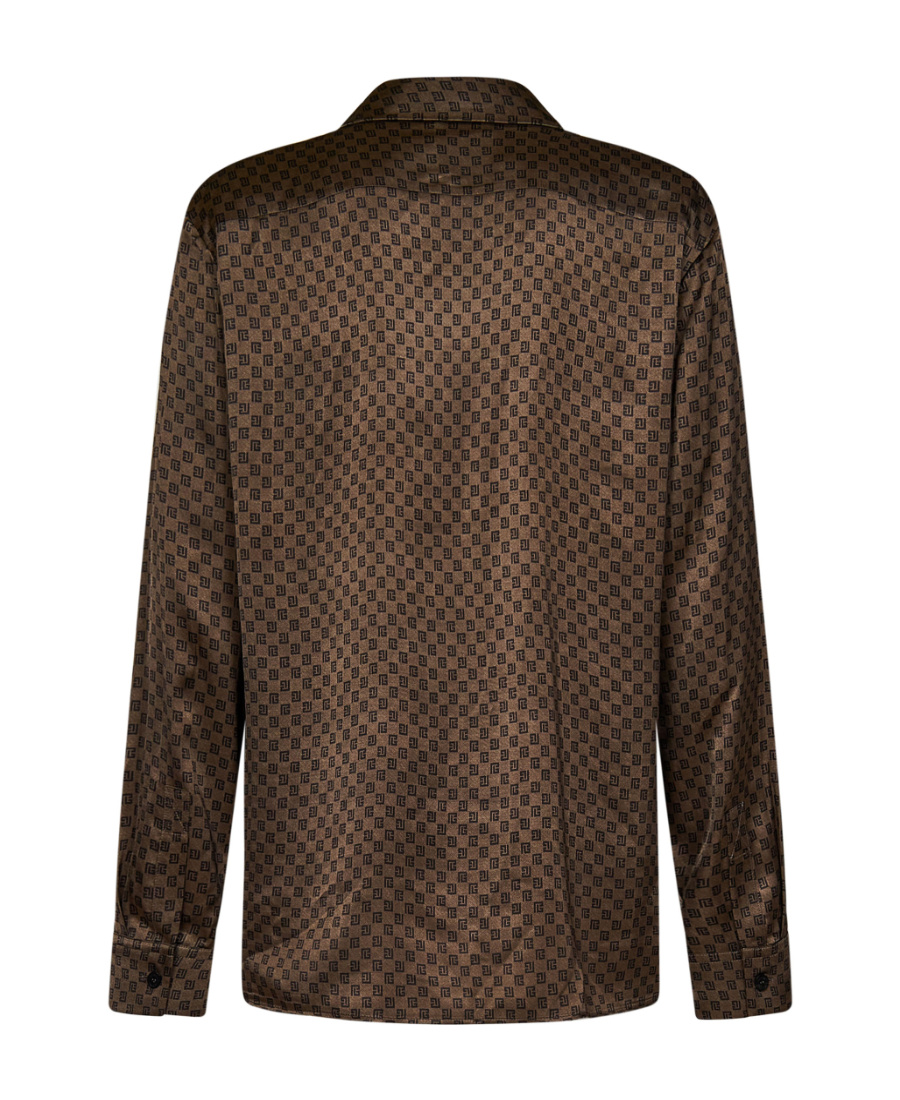 Shop Balmain Monogram-print Satin Shirt In Brown