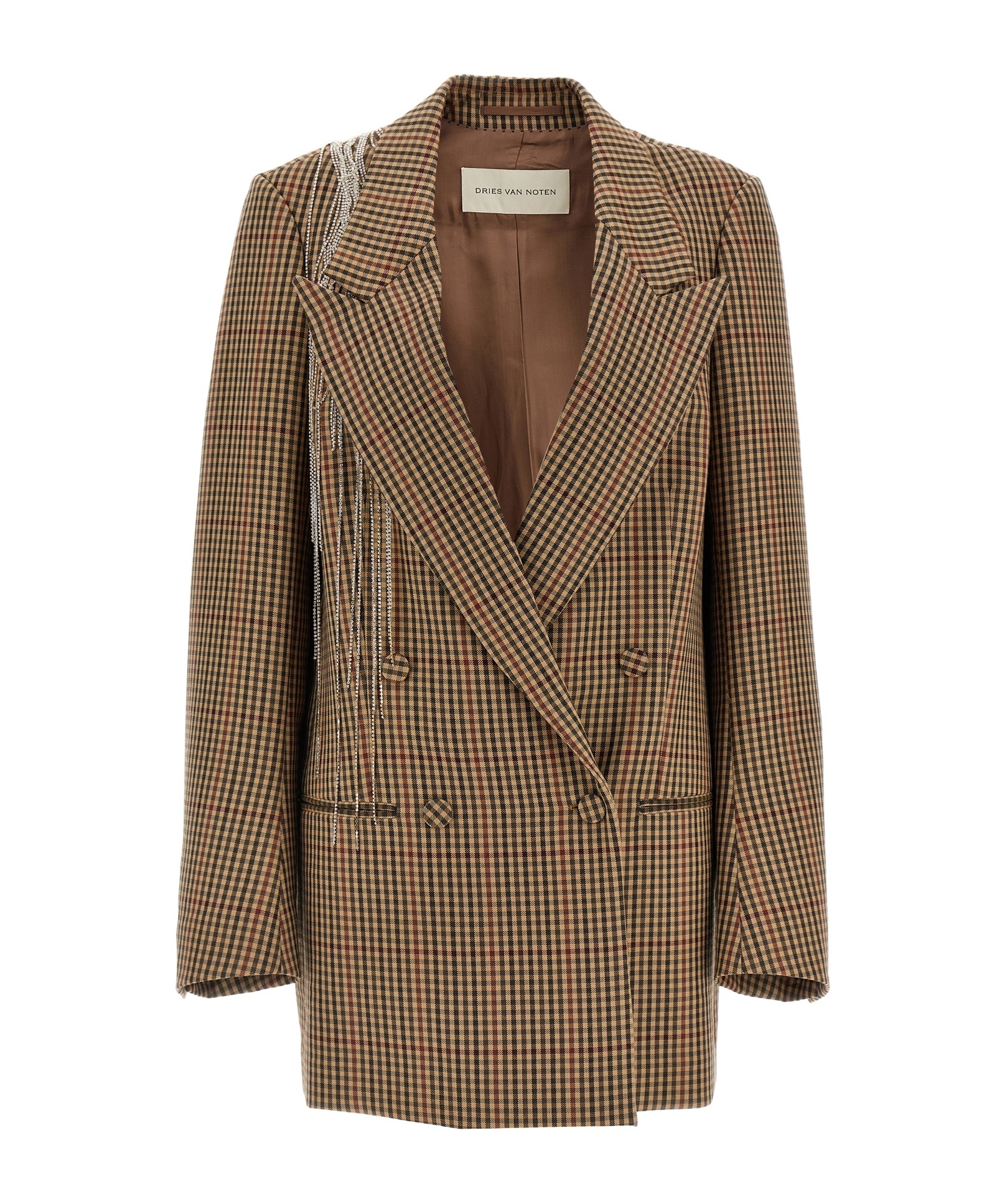Dries Van Noten Blink Plaid Blazer With Crystal Chains In Brown