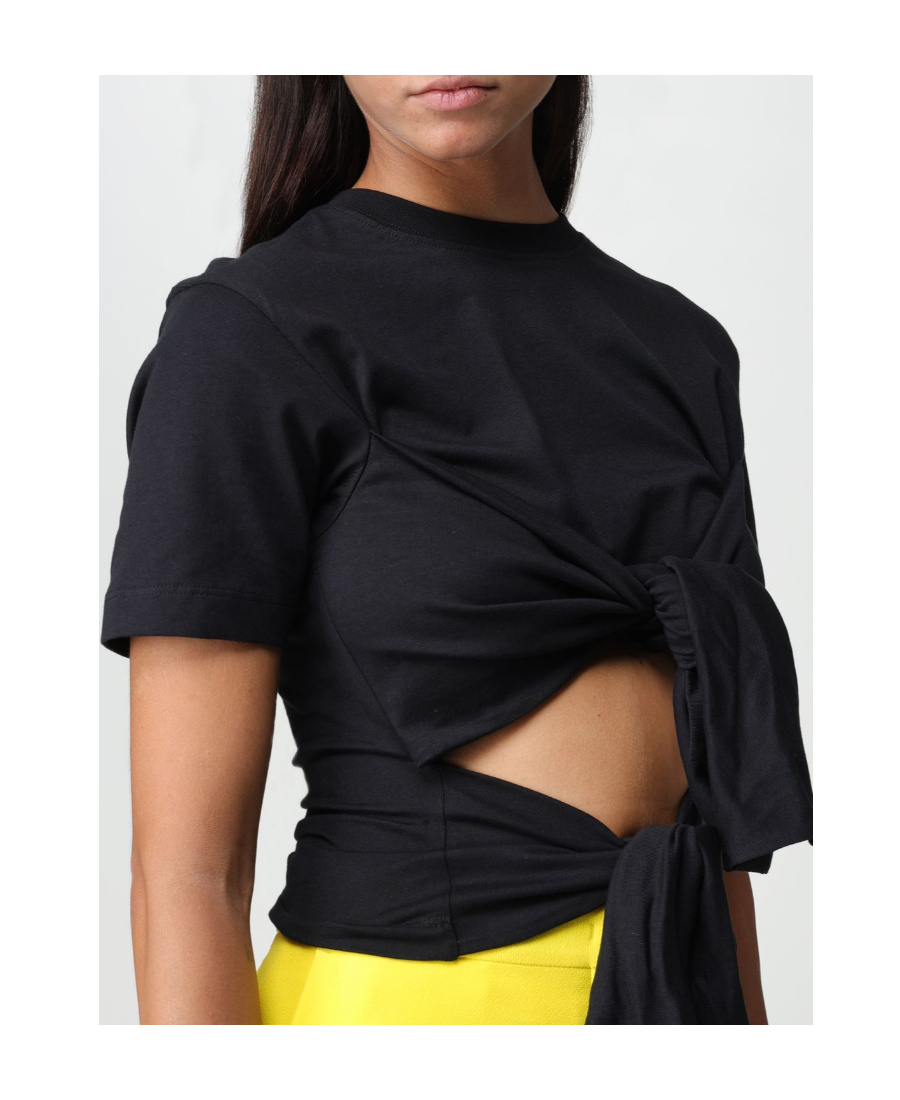 Msgm Pussy-bow Fastening Cotton T-shirt In Black