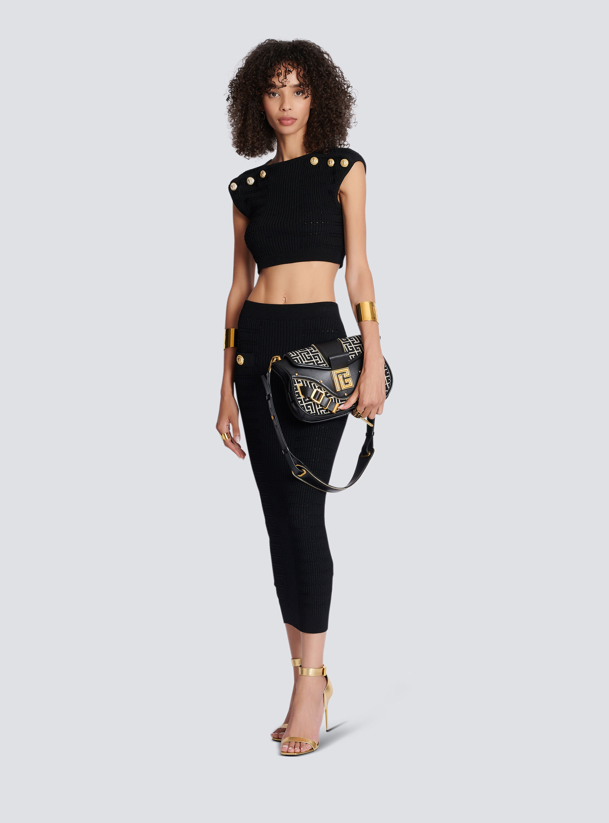 Balmain Black Plain Ribbed Knit Midi Skirt In Black