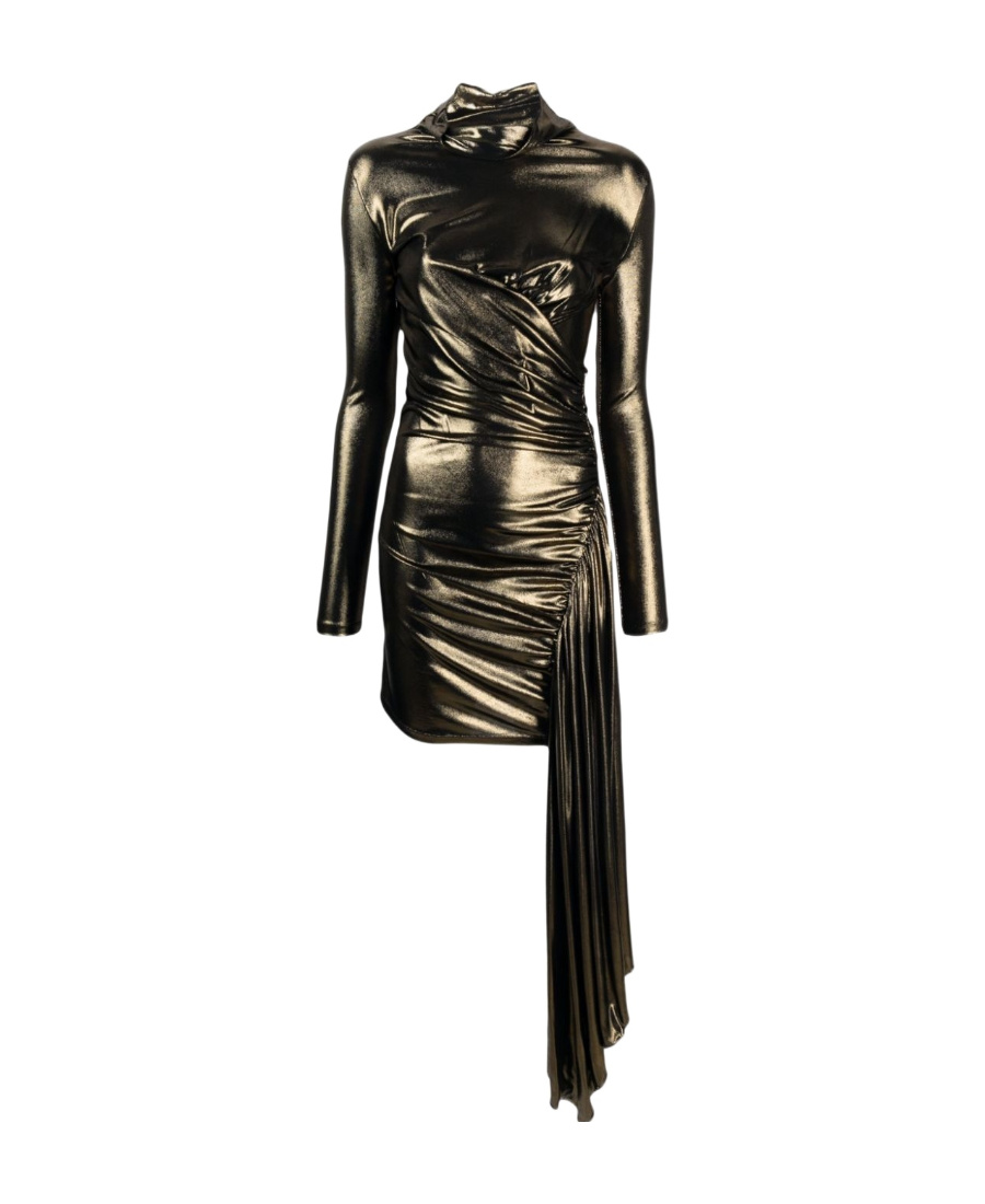 Blumarine Draped Metallic Long-sleeved Asymmetric Dress In Black
