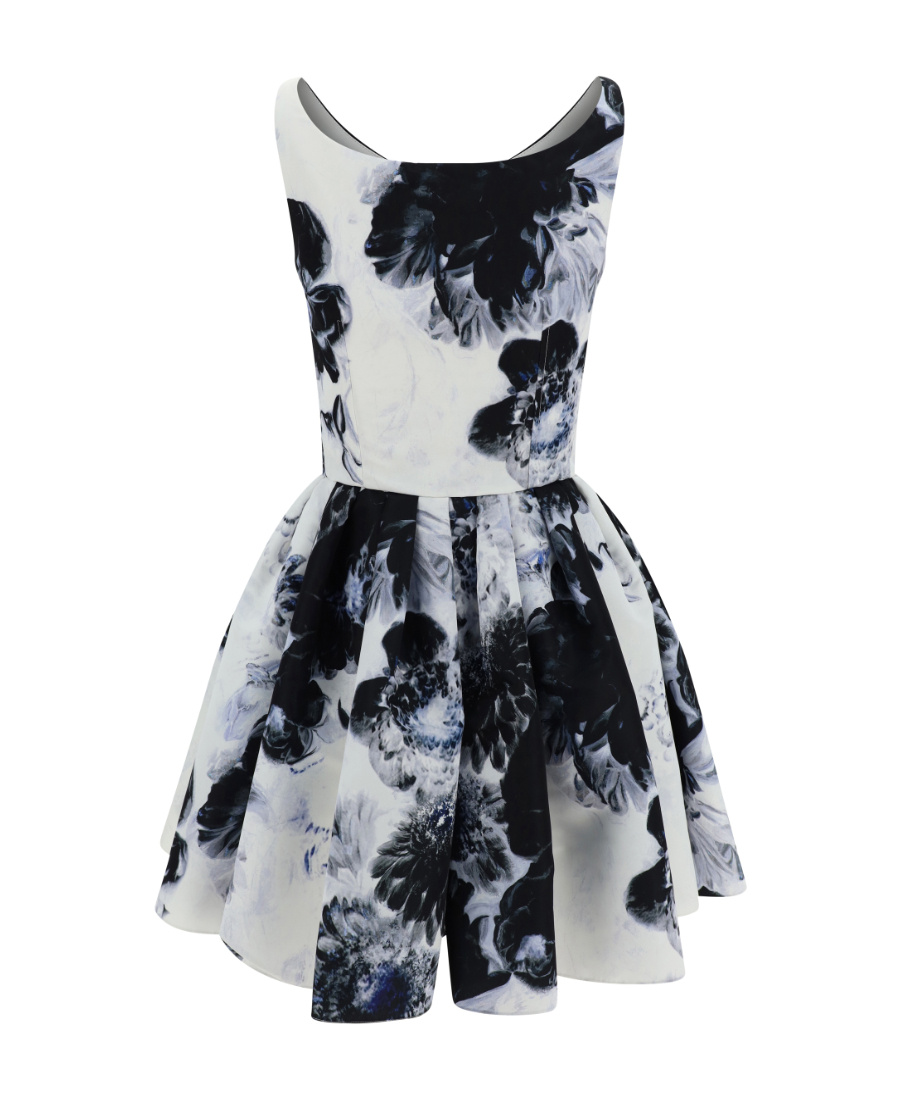 Alexander Mcqueen Women Mini White And Black Dress With All-over Chiaroscuro Print In Polyfaille Wom In White