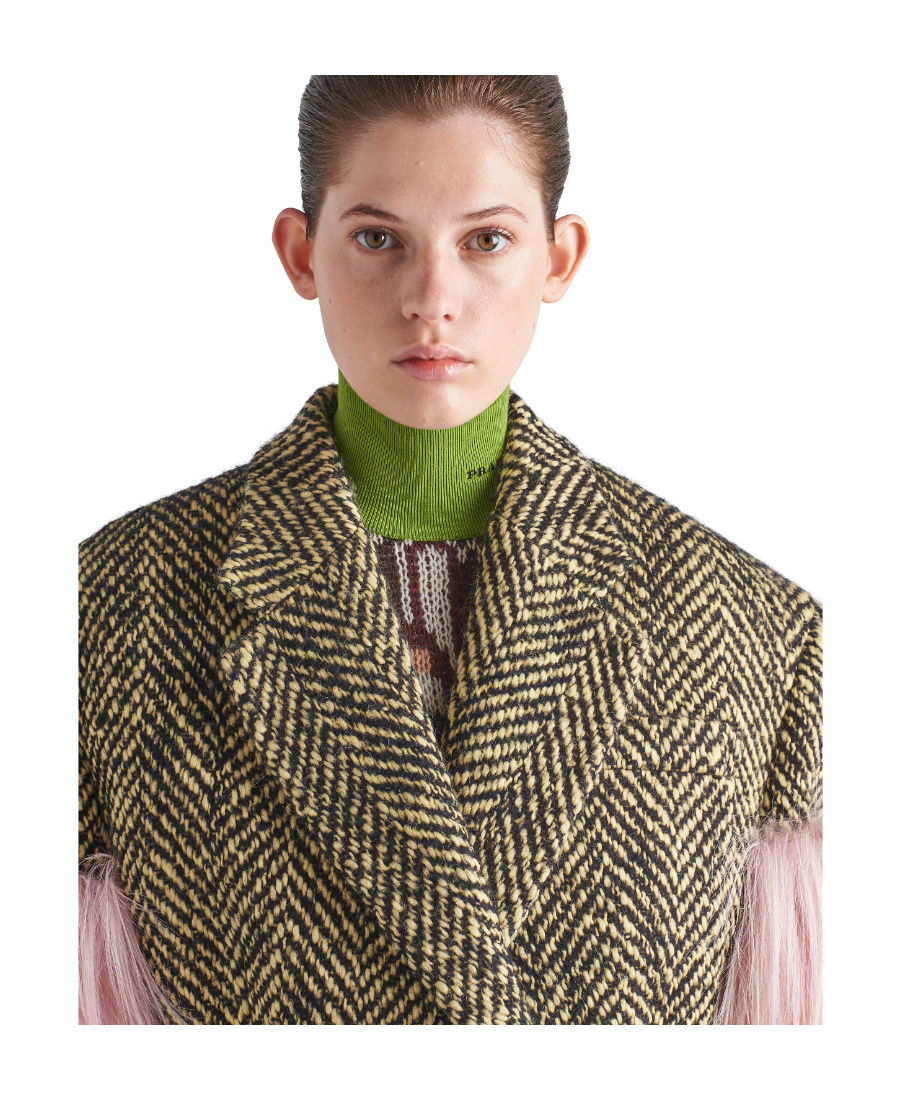 PRADA DOUBLE-BREASTED CHEVRON AND SHEARLING COAT