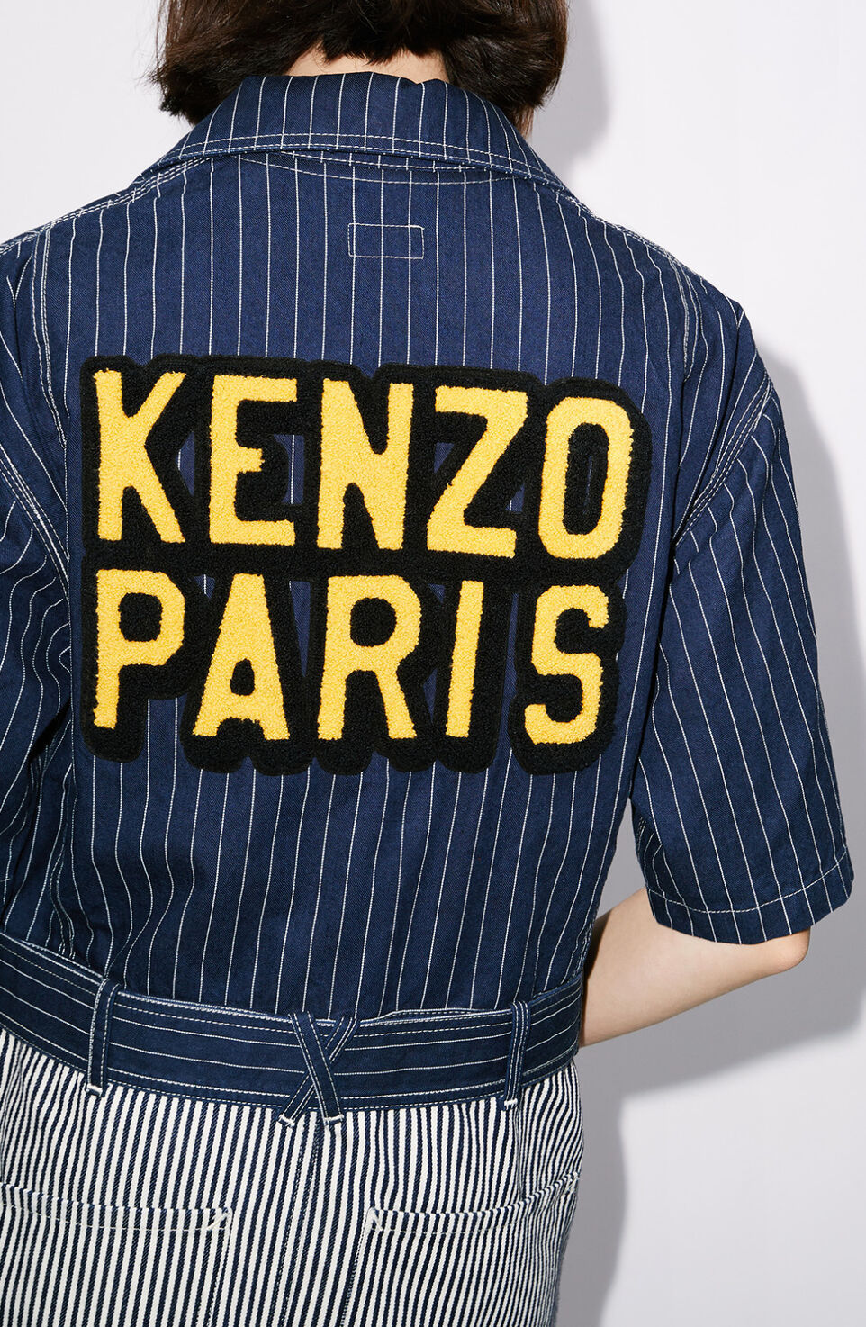Kenzo Logo-patch Striped Denim Shirtdress In Blue