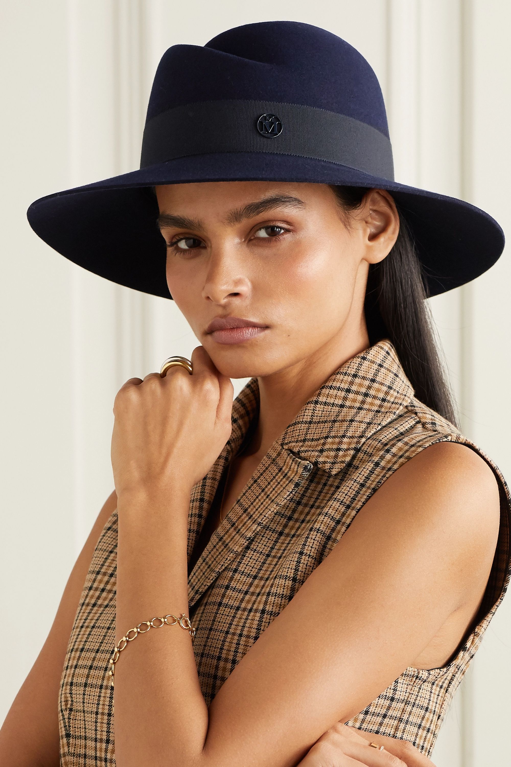 MAISON MICHEL NAVY BLUE VIRGINIE DAMASK TRIMMED HAT 