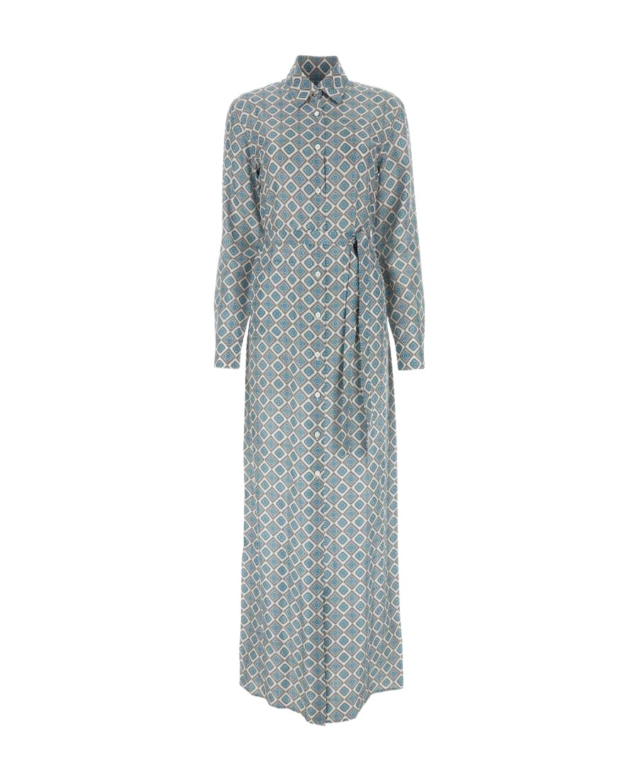 Prada Printed Silk Shirt Dress In Gray