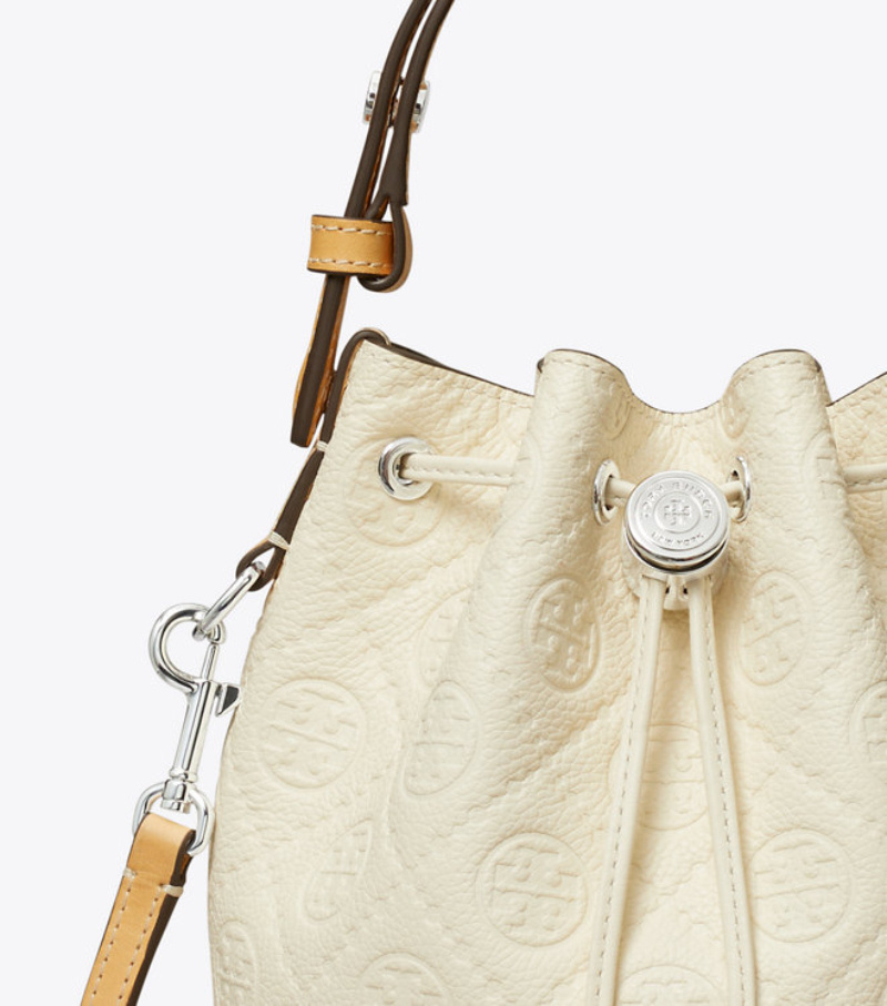 Tory Burch T Monogram Pebble Mini Bucket Bag In White