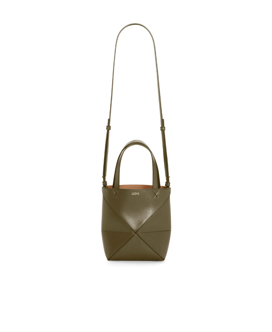 Loewe Mini Puzzle Fold Tote In Shiny Calfskin In Green