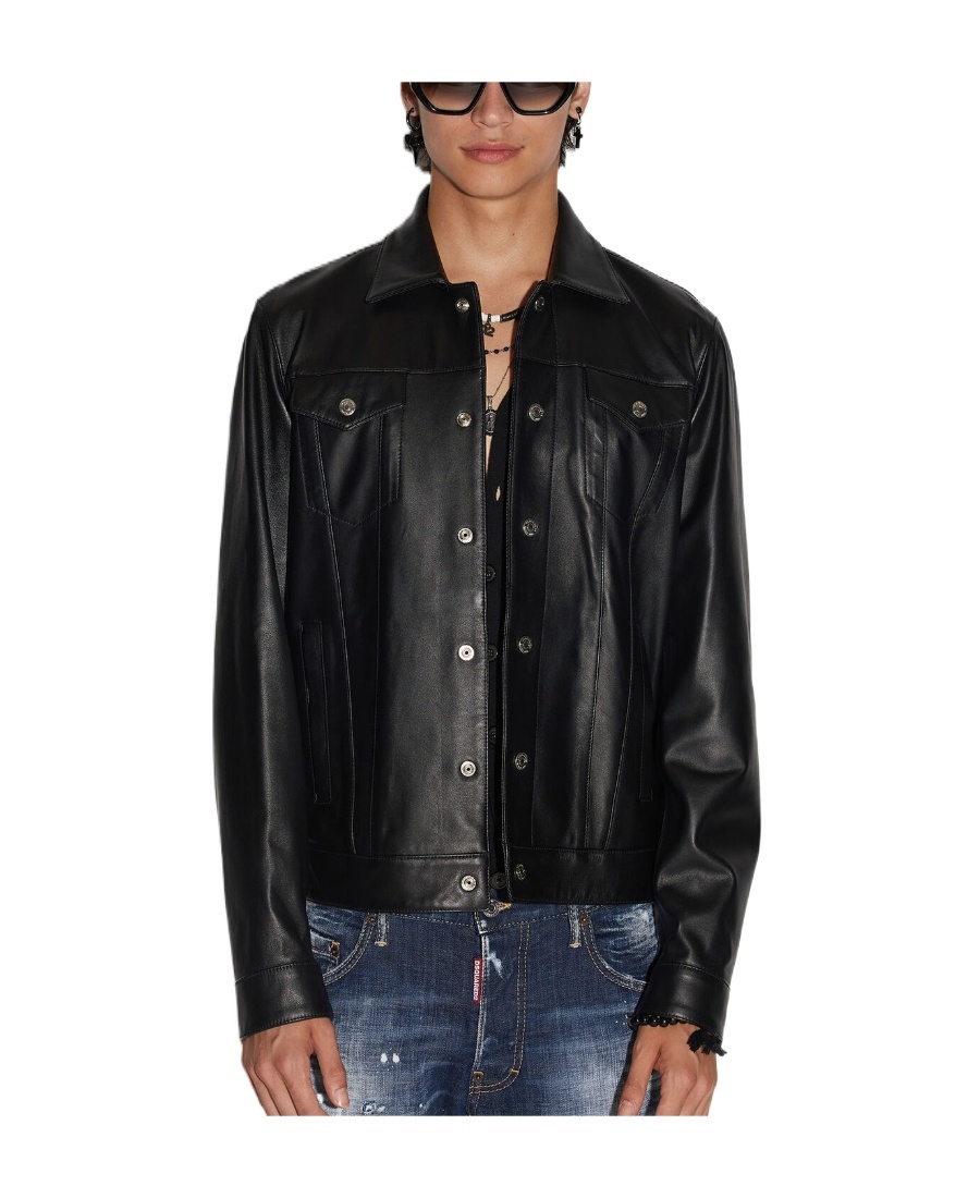 Dsquared2 Long-sleeved Leather Jacket In Black