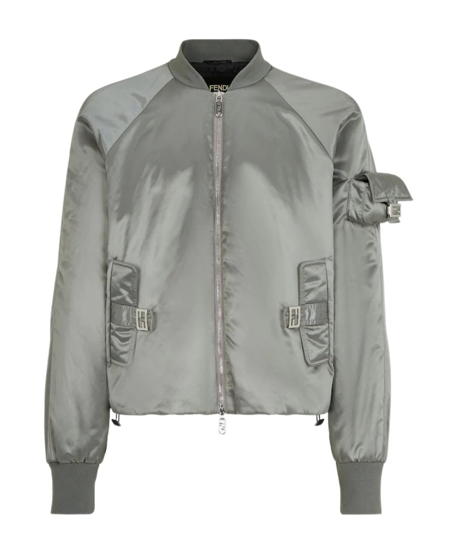 Fendi Satin Zip-up Bomber Jacket In Gray