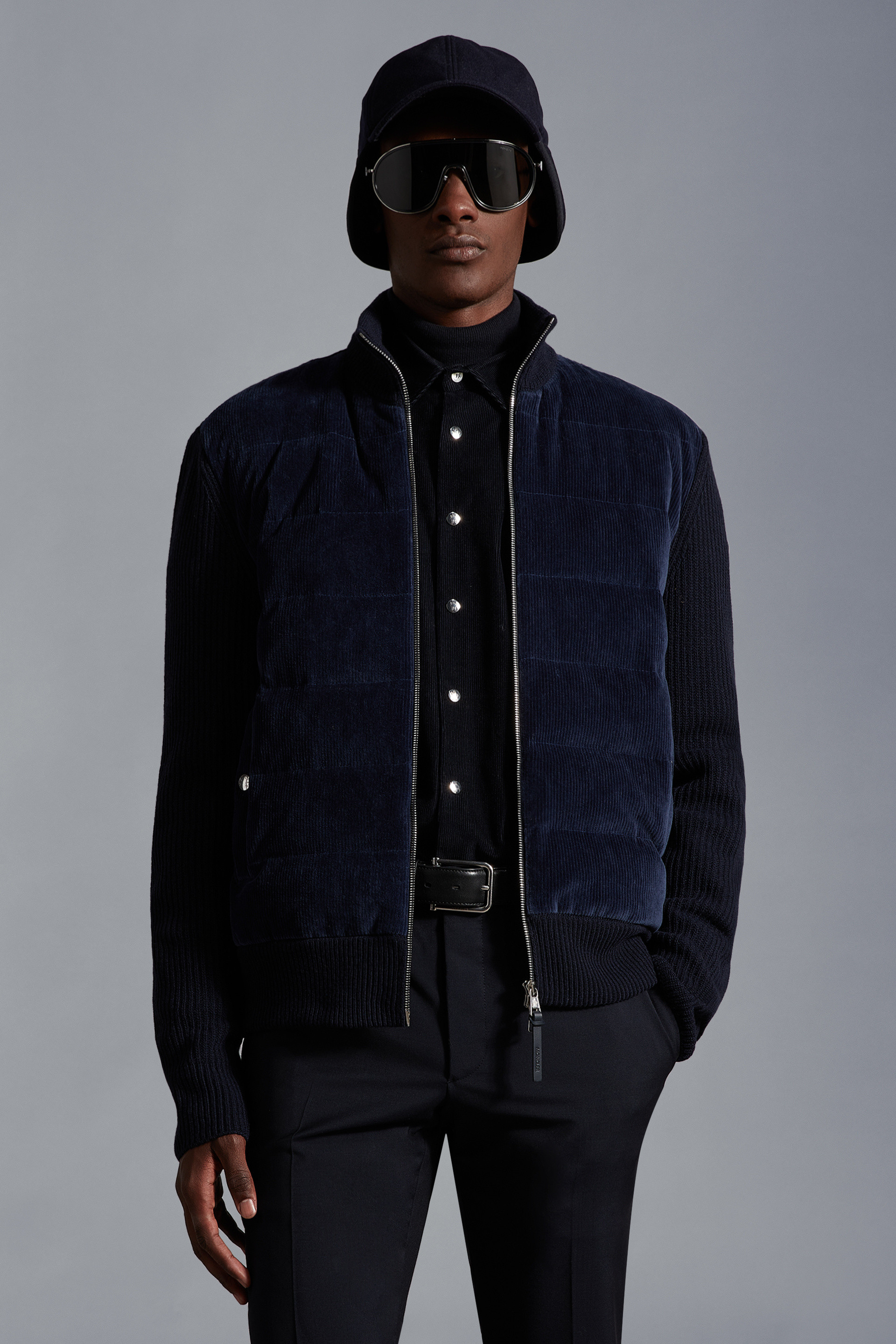 Moncler Logo-patch Zip-up Corduroy Jacket In Blue