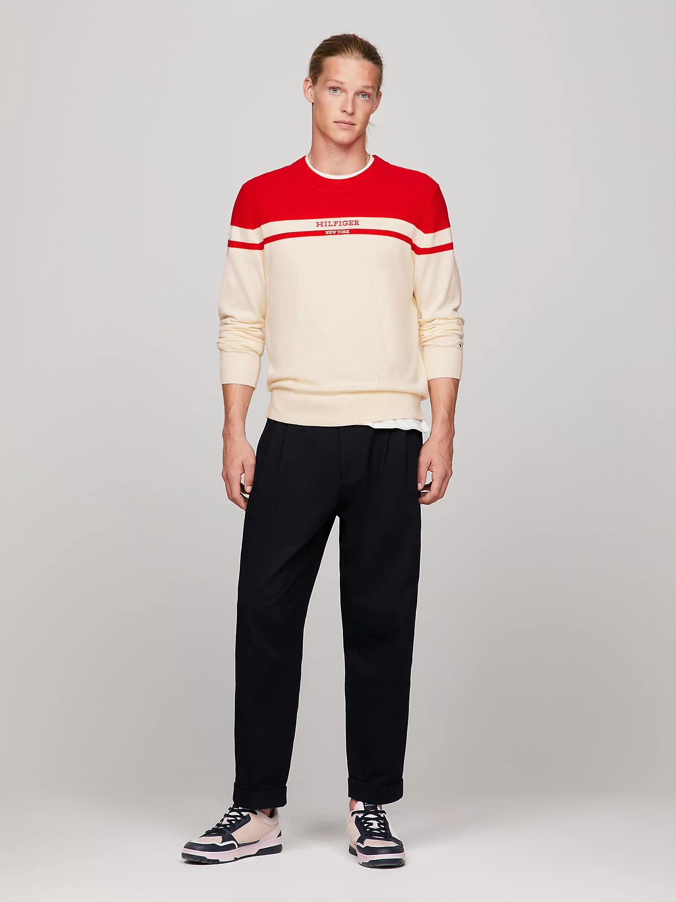 Tommy Hilfiger Round Collar Long Sleeve Sweater In Nude