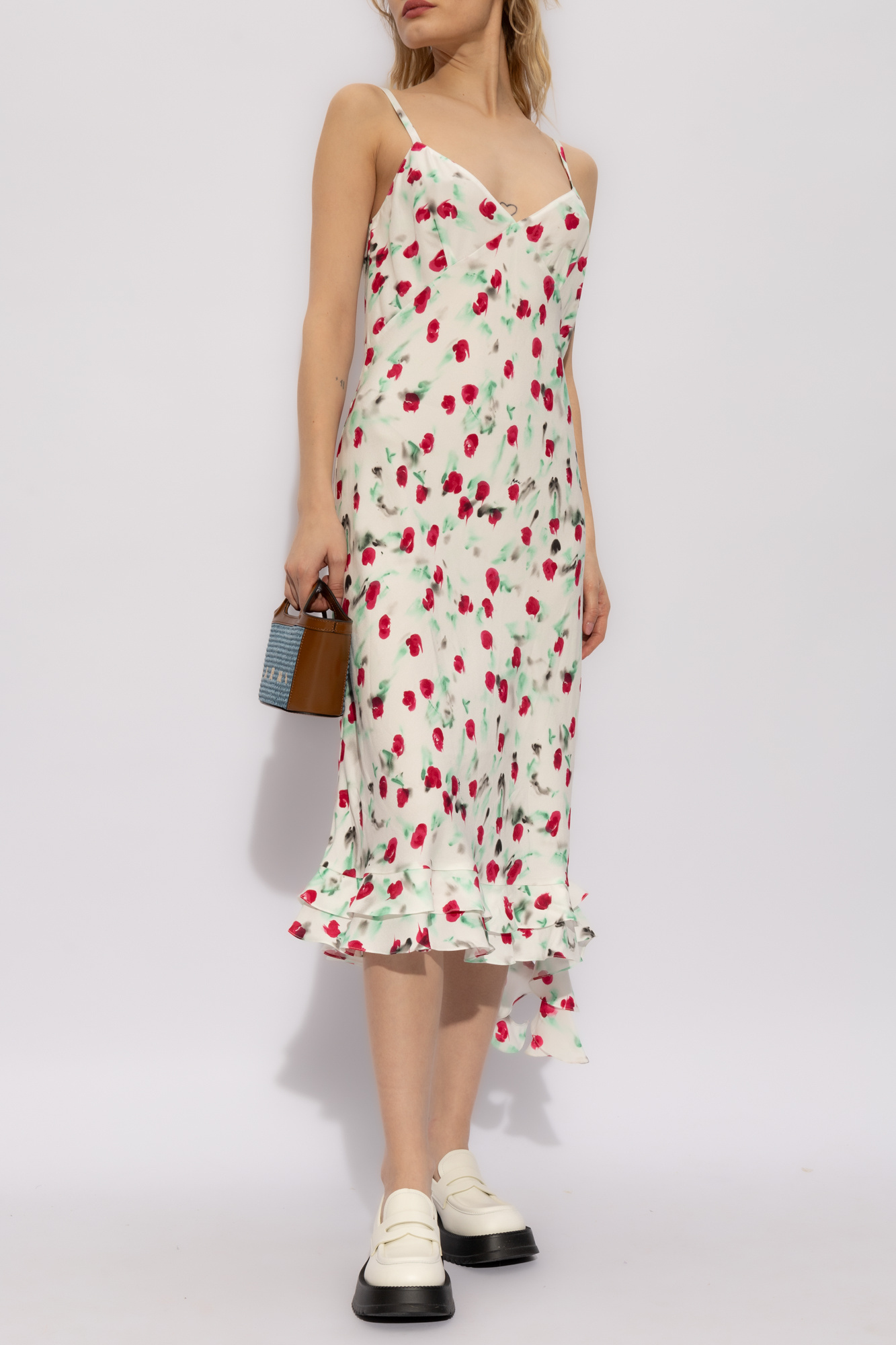 Marni Watercolor Floral Ruffle Tiered Midi Dress In White