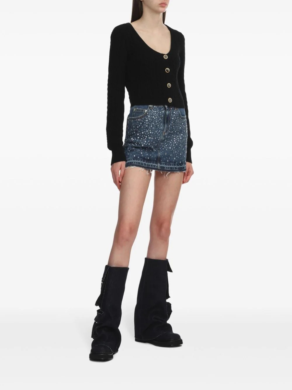 Alessandra Rich Cable-knit Wool Cardigan In Black
