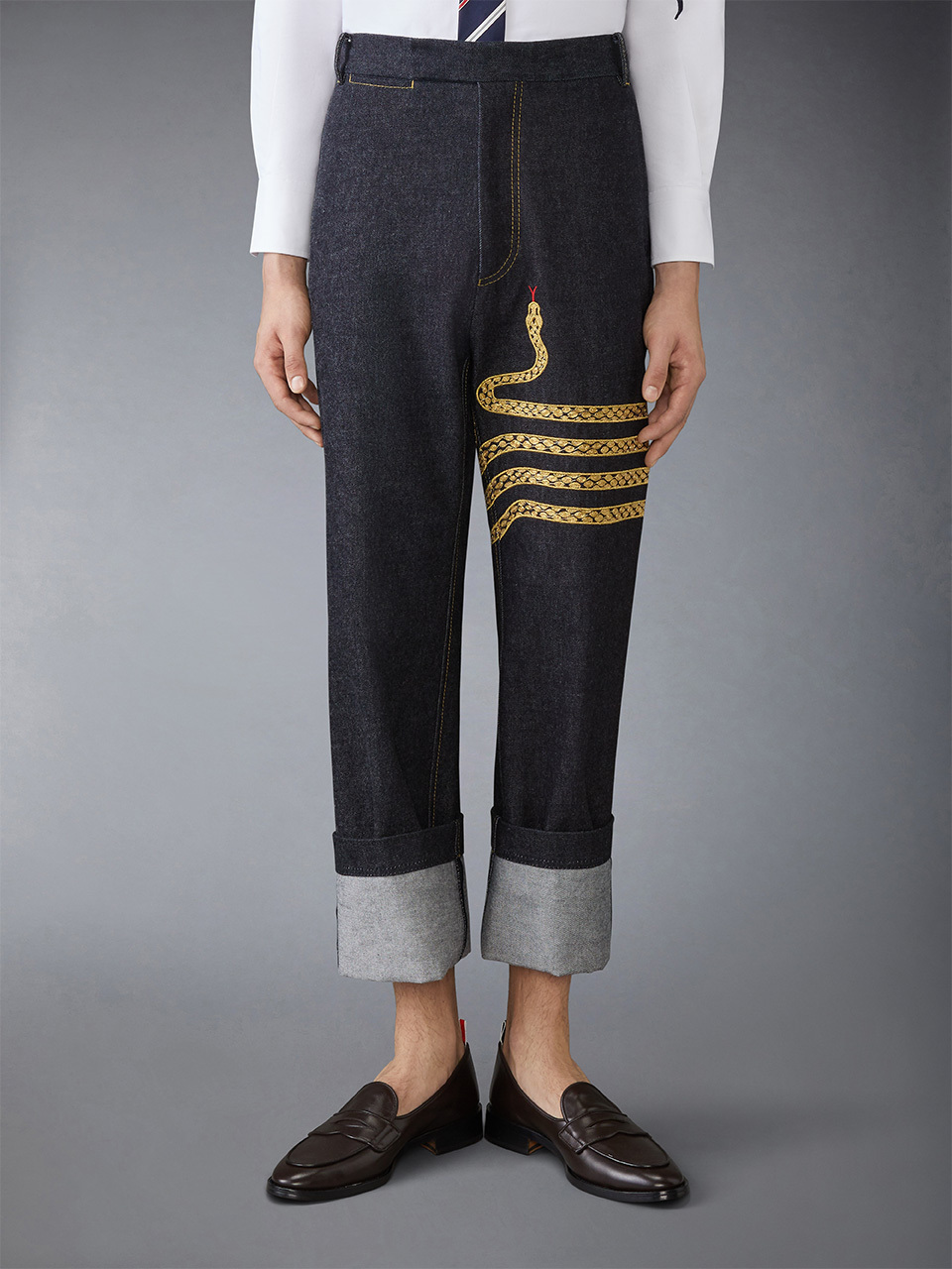 Thom Browne Snake-embroidery Straight-leg Jeans In Black